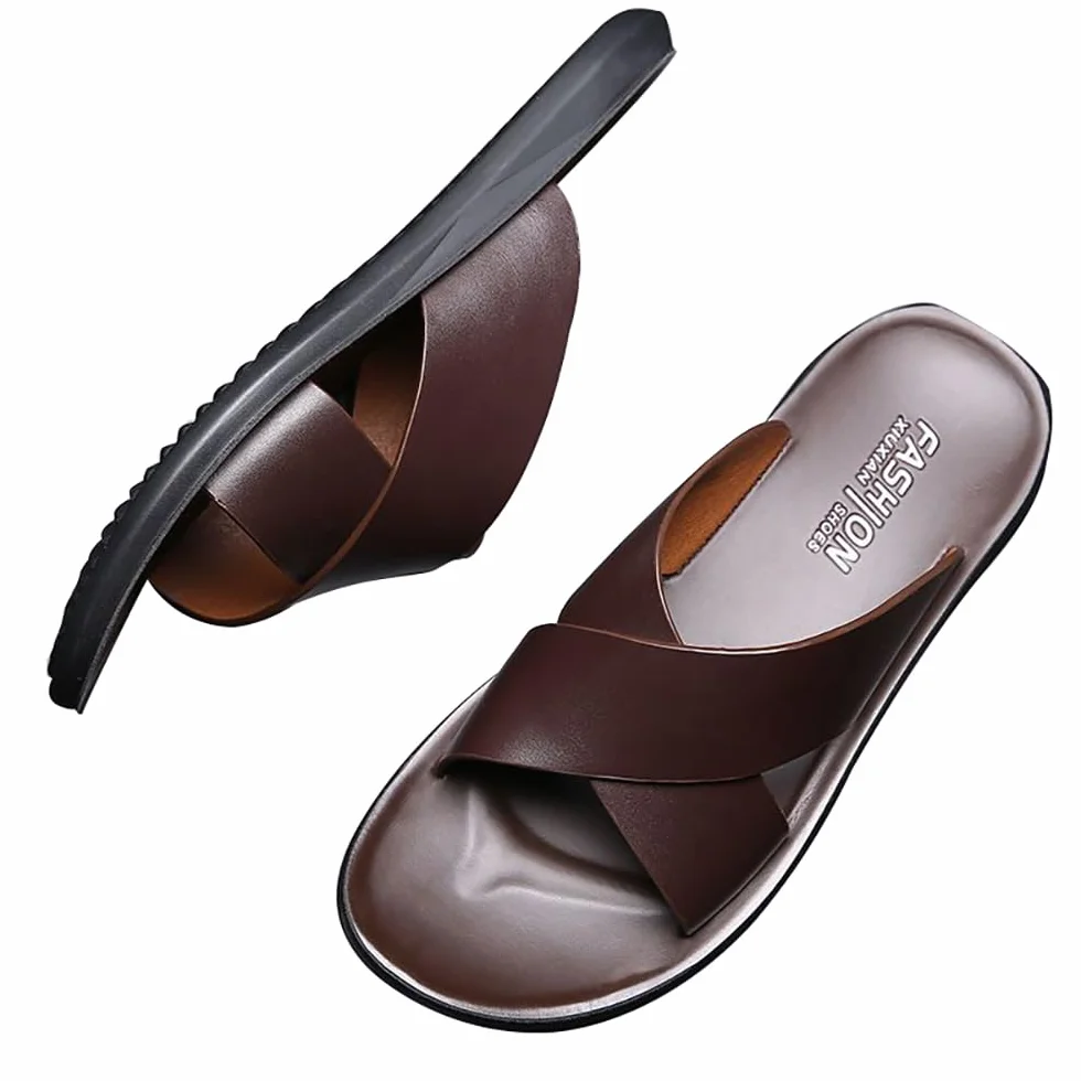 MGGMOKAY Męskie skórzane sandały, cross slide sandały, letnie oddychające buty plażowe