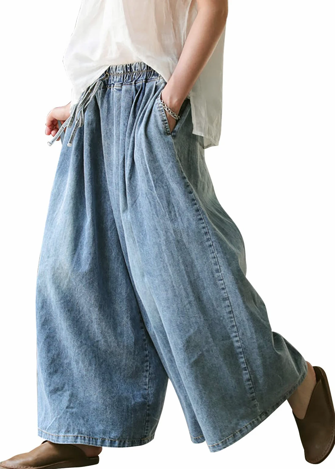 UQJE Damskie szerokie, luźne dżinsy z szerokimi nogawkami, plus size, luźne spodnie dżinsowe z elastyczną talią i głębokimi kieszeniami, jasnoniebieskie
