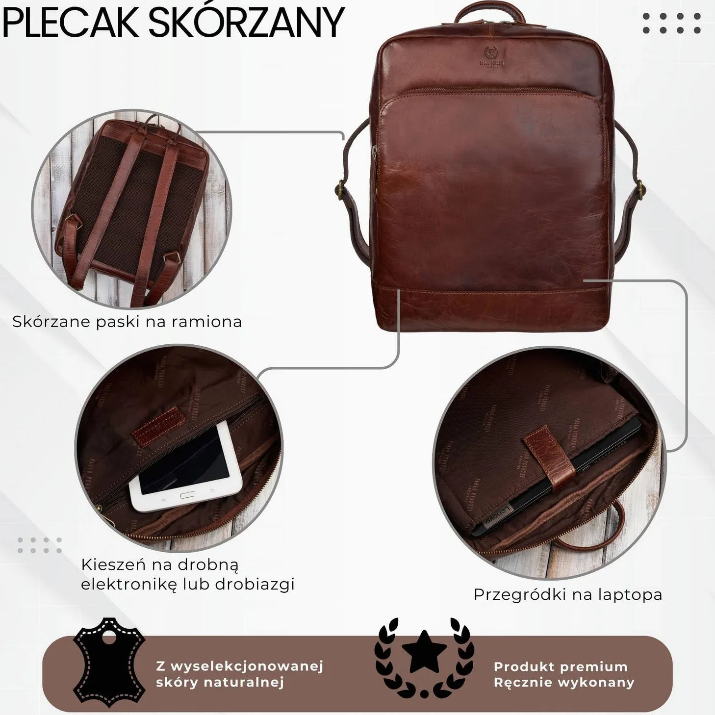 Plecak męski skórzany vintage na laptopa miejski brązowy pojemny Paolo Peruzzi IM-07-CG