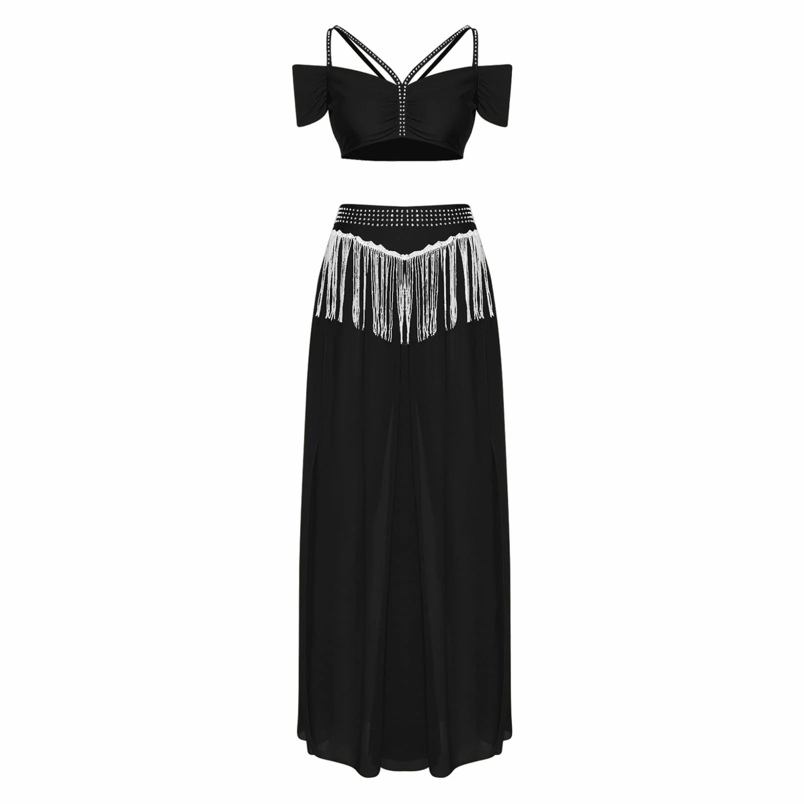 Damski strój do tańca brzucha Cold Shoulder Crop Top z frędzlami spódnica z wysokim rozcięciem