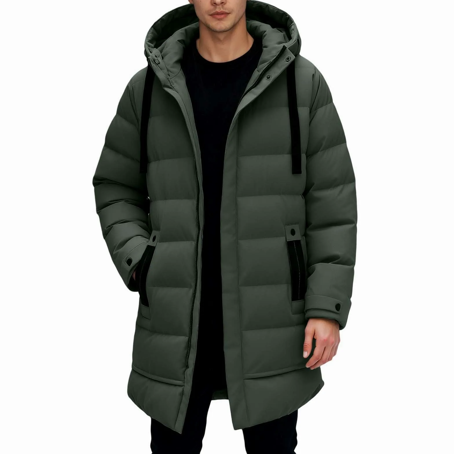 Płaszcz zimowy, męski, długa, pikowana kurtka z kapturem, wiatroszczelna, zimowa parka, męska kurtka z zamkiem błyskawicznym, kurtka narciarska, snowboard, kurtka puchowa, ciepła podszewka