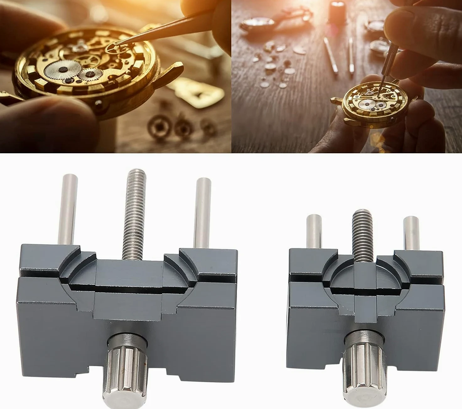 Zestaw 2 regulowanych aluminiowych uchwytów mechanizmu zegarka | Dwa stabilne szare imadła mocują zgodne mechanizmy podczas montażu, czyszczenia, regulacji i precyzyjnego serwisu.