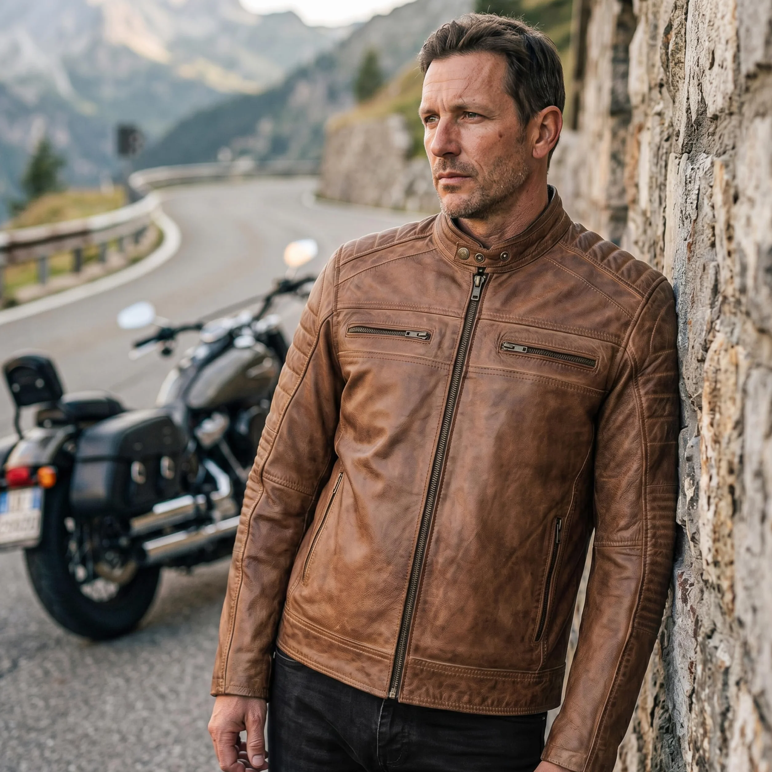 Leatherick Męska skórzana kurtka - postarzana brązowa skóra bydlęca styl retro vintage kurtka motocyklowa z wieloma kieszeniami