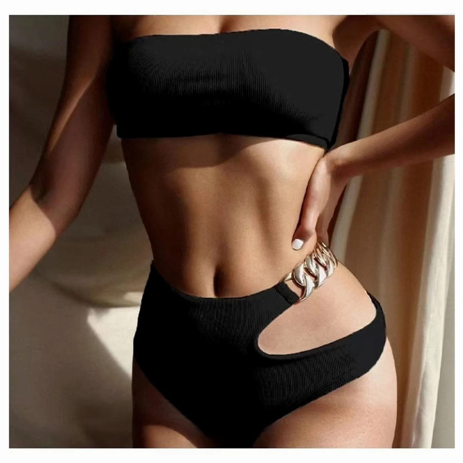 Bikini Set Asymetryczny bandeau Kobiecy strój kąpielowy z wysokim stanem Kobiety Stroje kąpielowe Łańcuch Kąpiący Kostium kąpielowy Swim Summer (Kolor: Pomarańczowy, Rozmiar: Kod M) (Pomarańczowy M)