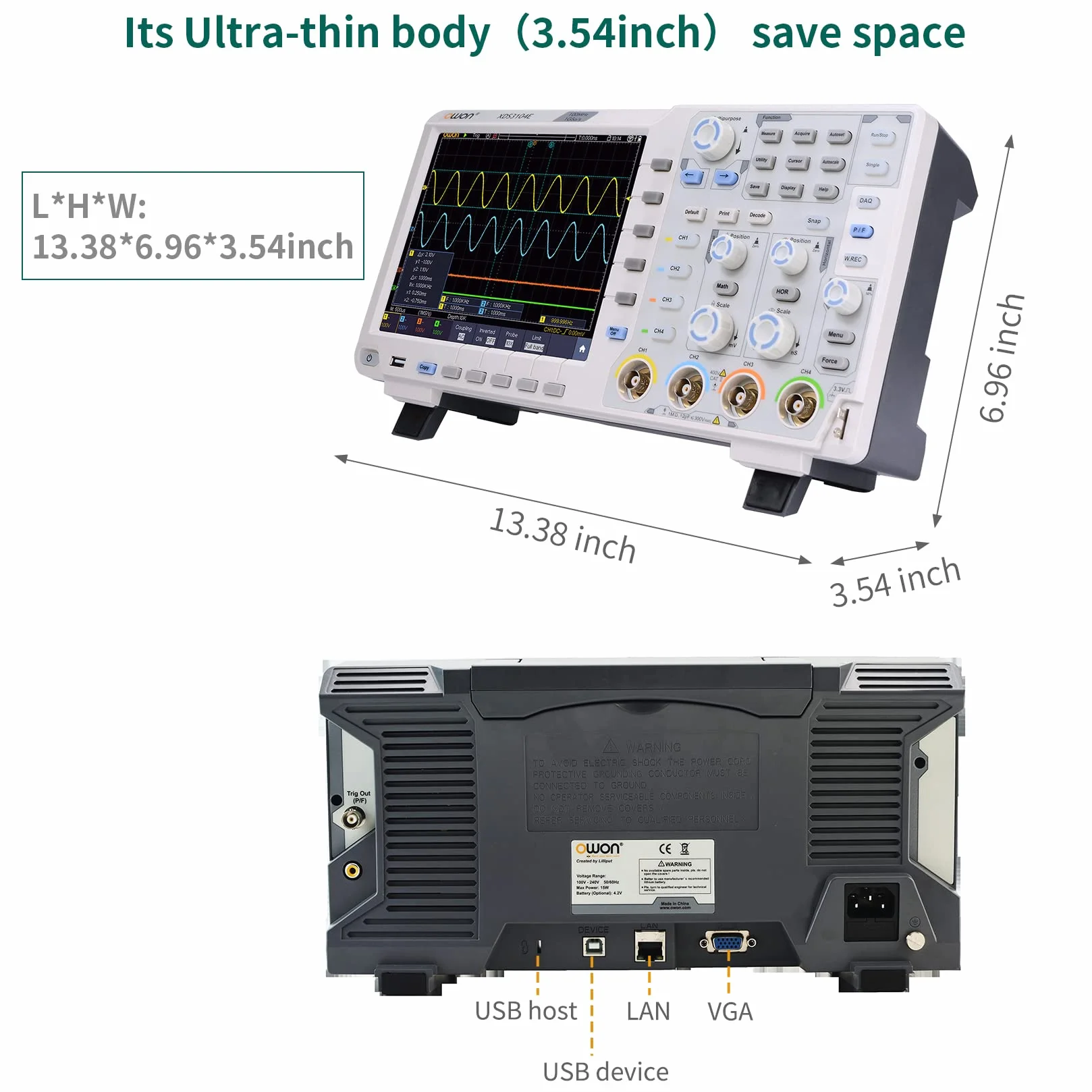 OWON XDS3104E oscyloskop LCD o wysokiej rozdzielczości 8" ekran dotykowy, przepustowość 100 MHz i częstotliwość próbkowania 1GS/s częstotliwość odświeżania 45 000 wfms/s przebieg odświeżania z 4CH DSO