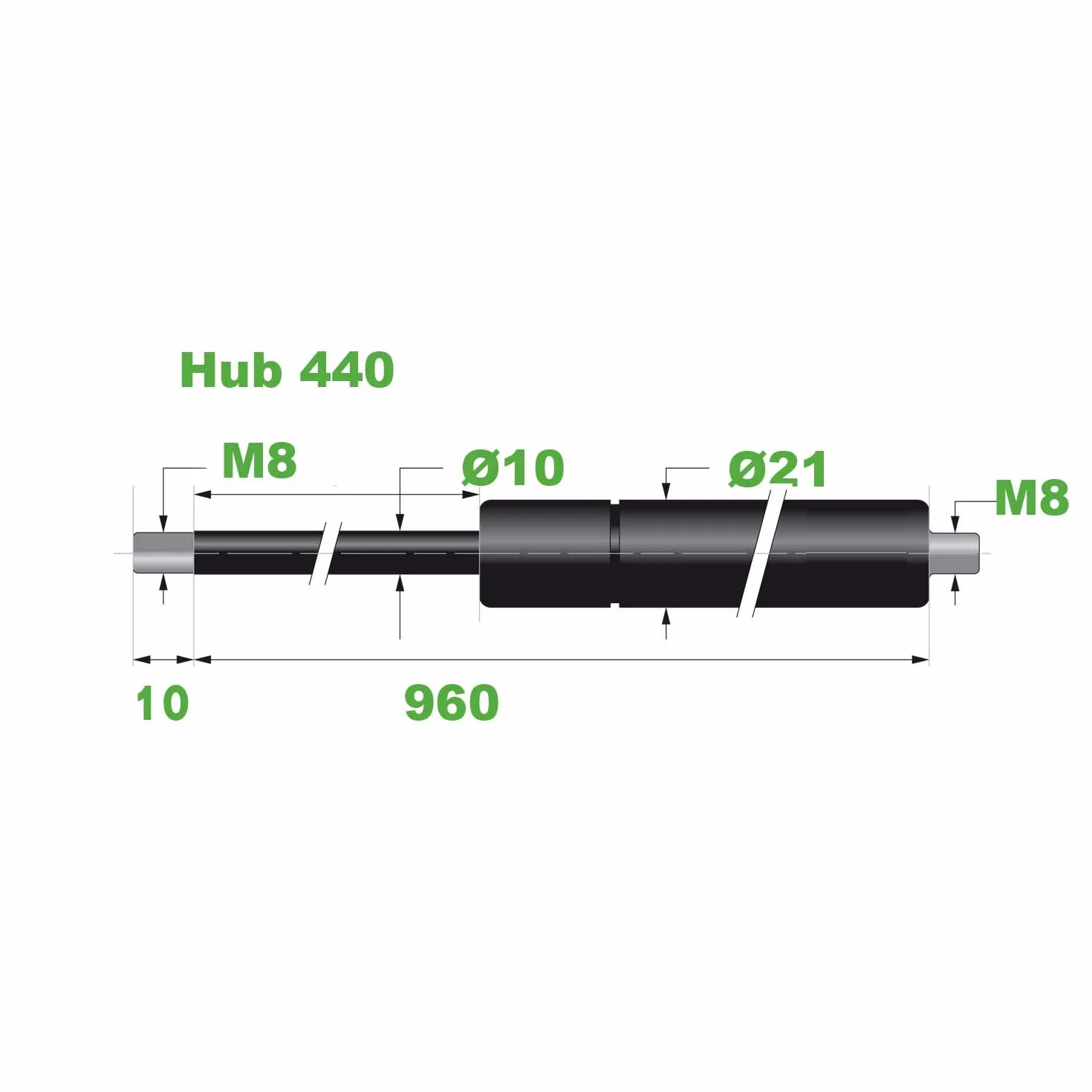 Sprężyna gazowa 10/21 M8 Skok = 440 dł. = 960 mm 750N(0212)