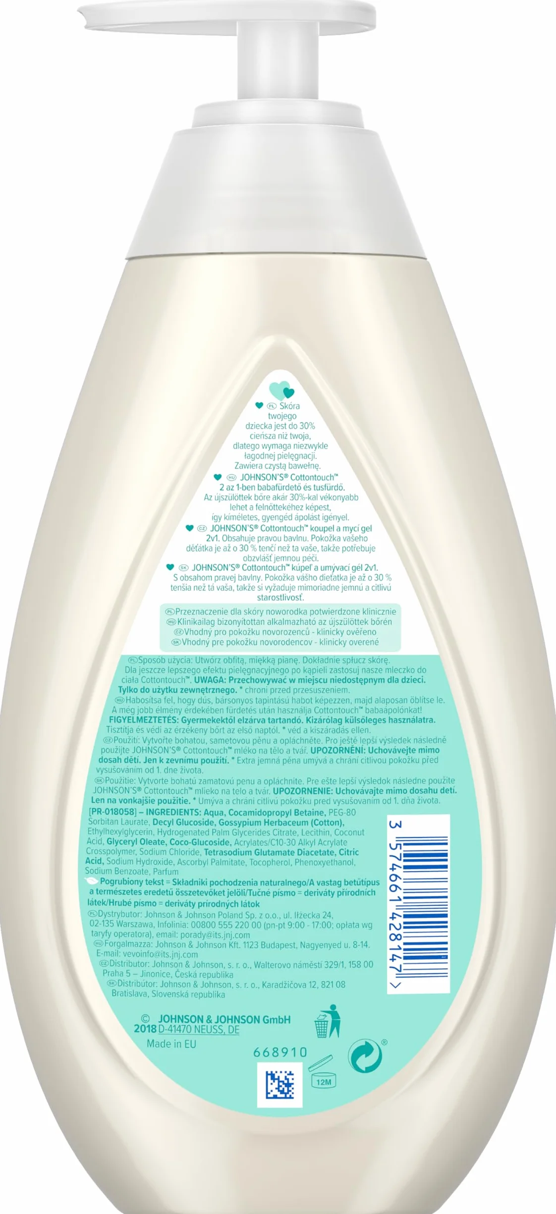 Johnson's Cotton Touch płyn do kąpieli 500 ml z Pompką Płyn do kąpieli i mycia ciała 2 w 1, do stosowania u noworodków od pierwszego dnia życia. Zawiera czystą bawełnę.