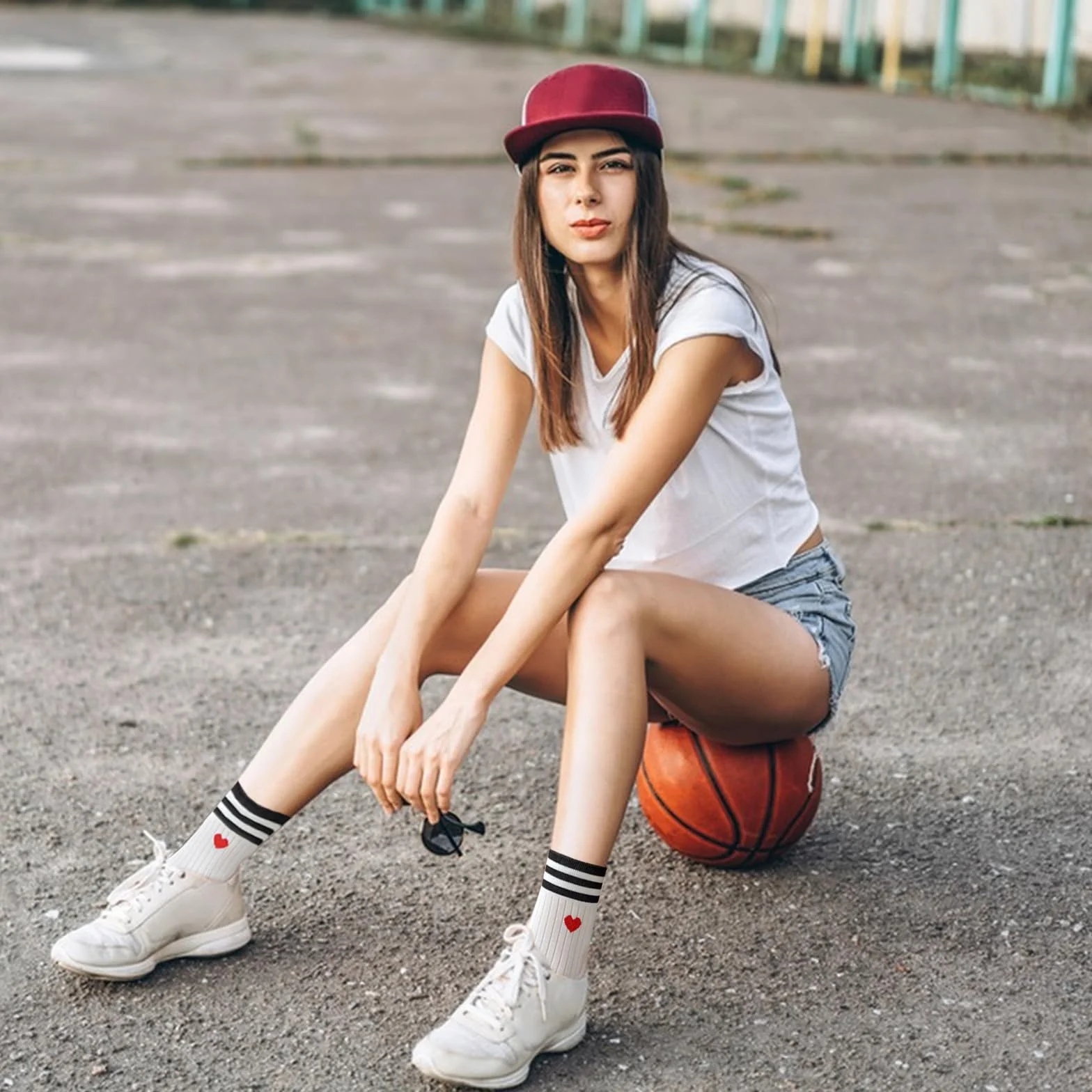 4 pary damskich skarpet tenisowych, 35-38, skarpety sportowe, damskie skarpety tenisowe, serce, bawełniane skarpety damskie, na Walentynki, rocznicę ślubu, prezenty, biały, Rozmiar
