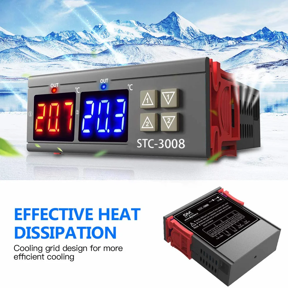 diymore STC-3008 regulator temperatury termostatu, cyfrowy, z podwójnym czujnikiem NTC, z sondą, do urządzeń grzewczych i chłodzących