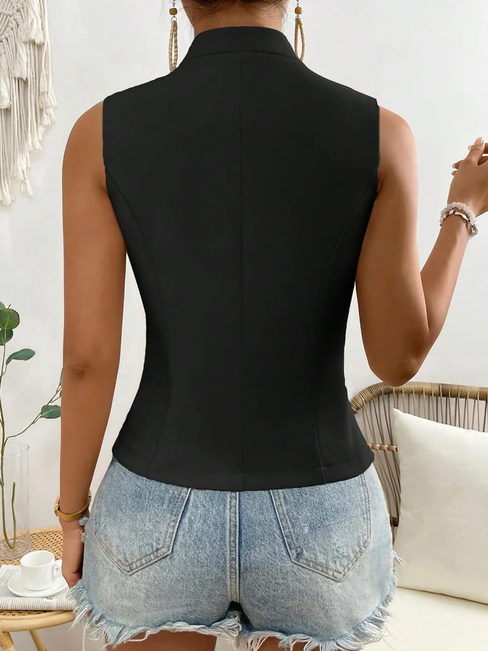 Damska kamizelka bez rękawów, czarna bez kołnierza zapinana na guziki marynarka kamizelka elegancka kamizelka letnia na co dzień slim fit praca biuro tunika kurtka topy