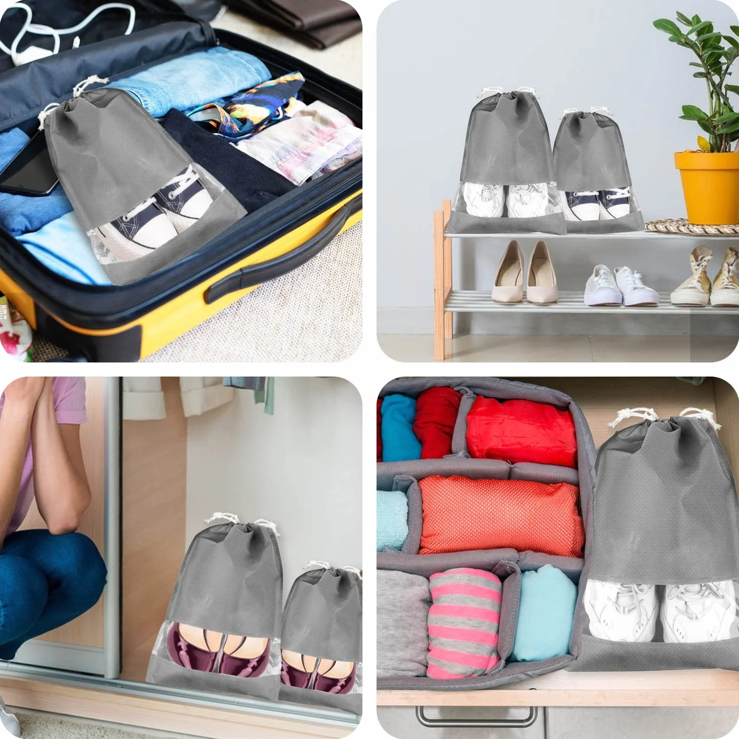 Lovesmile Torba na buty, 10 sztuk, włóknina, zapięcie na sznurek, szare, 2 różne rozmiary, pyłoszczelne, wodoodporne, lekkie, przezroczyste okienko, 10 szt, Szary, Czas wolny