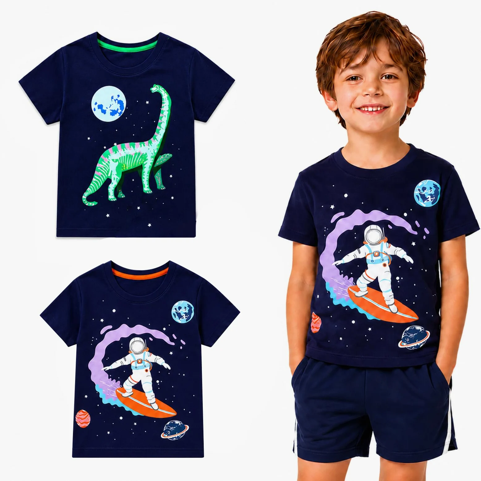 EmaoFun Dziecięcy T-shirt dla chłopców, zestaw 2 sztuk, świecąca w ciemności, bawełniana koszulka z motywem dinozaura i kosmicznego astronauty, dla dzieci w wieku 3-7 lat