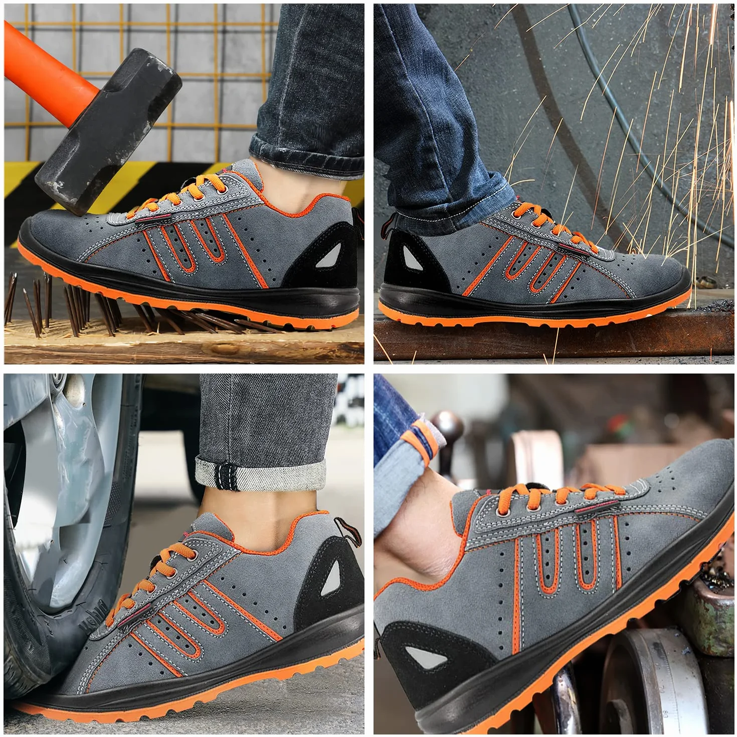 JOMIX Buty ochronne dla mężczyzn i kobiet, buty robocze dla chłopców, antypoślizgowe, wzmocniona końcówka, stal, 04 szary pomarańczowy, 47 EU