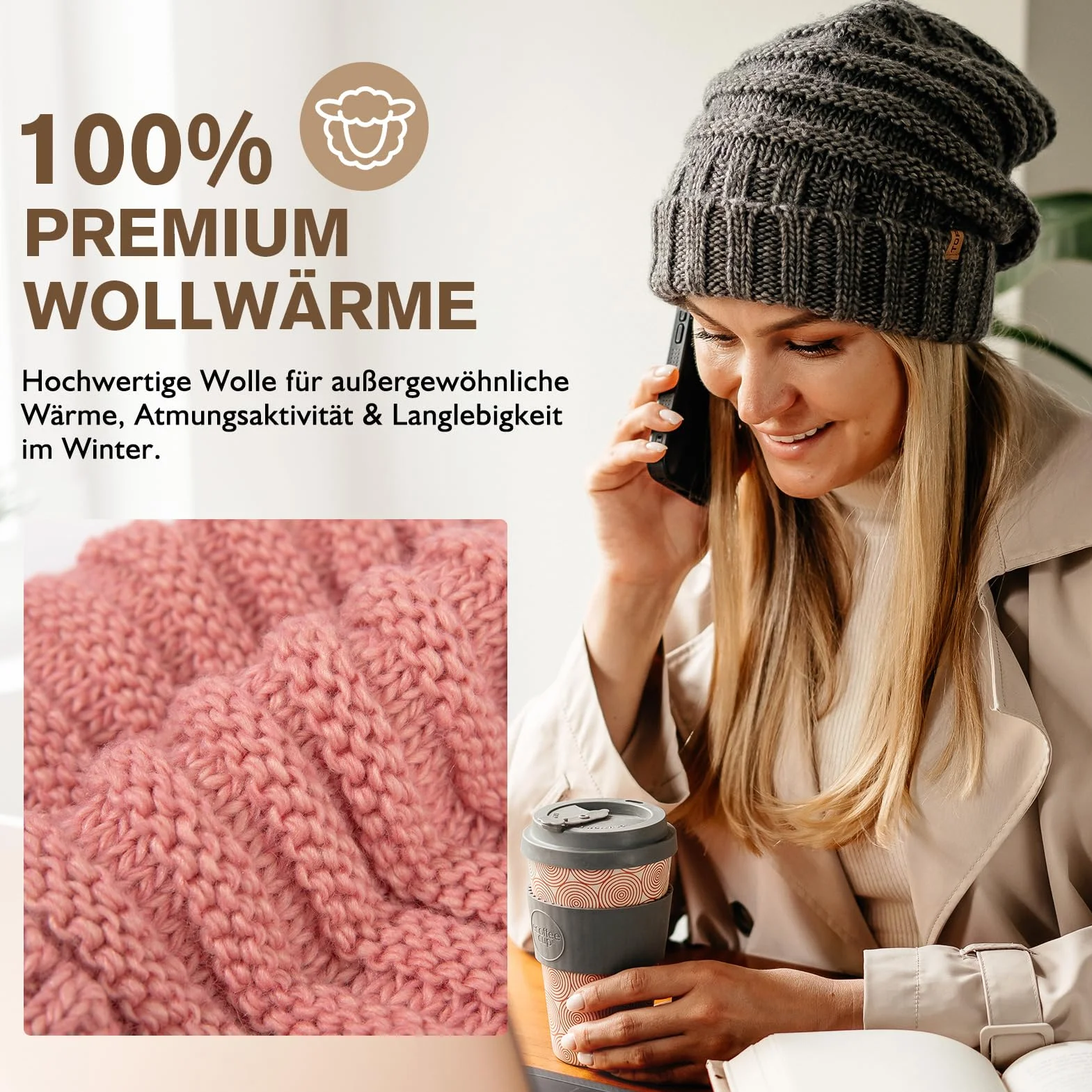 TOP-EX M/L/XL 100% wełna Slouch Beanie damska ciepła czapka zimowa czapka dzianinowa z podszewką polarową
