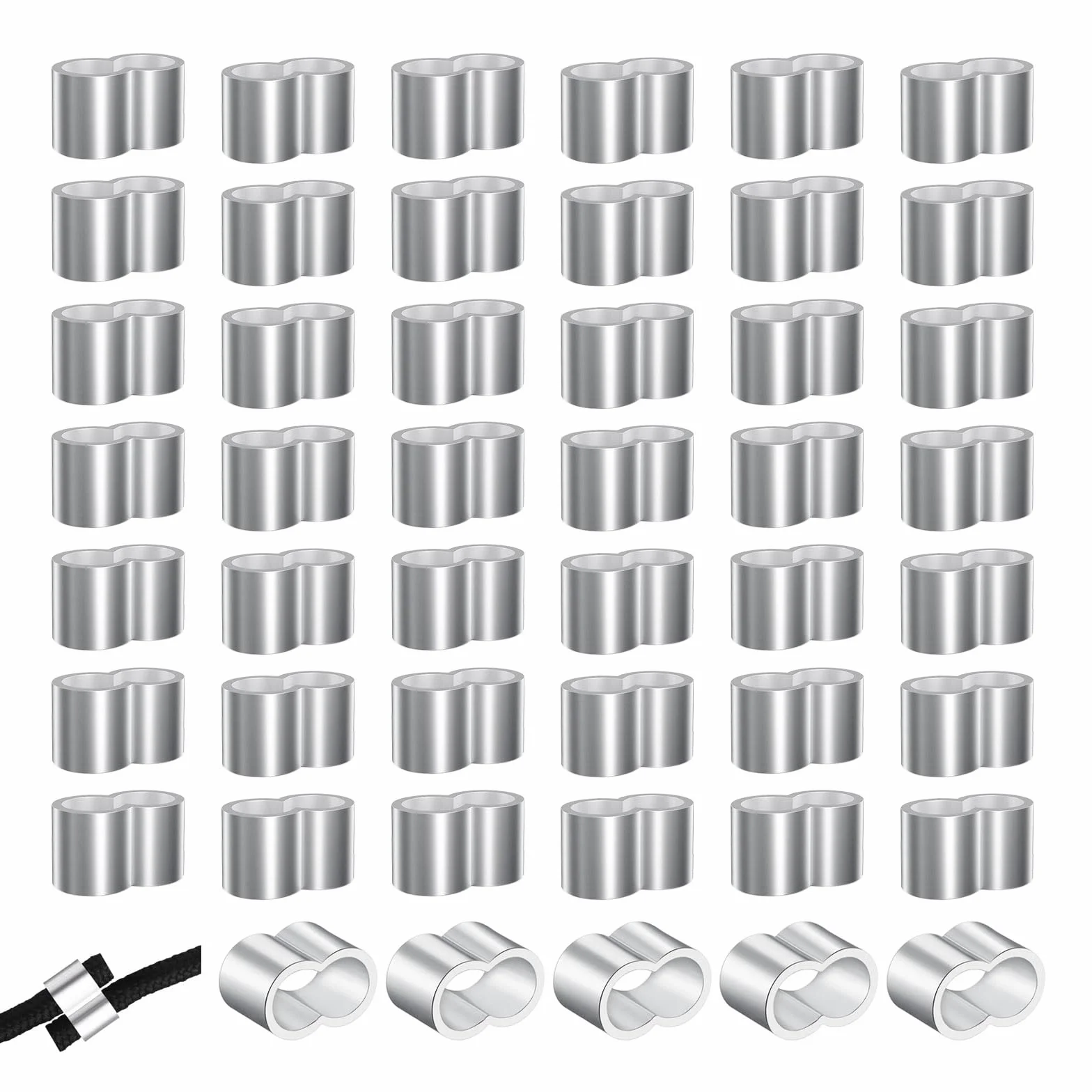 Kotkiddy® 50 sztuk zacisków dociskowych, 6 mm, podwójne tuleje zaciskowe z aluminium, 6 mm, aluminiowa złączka zaciskowa do liny gumowej
