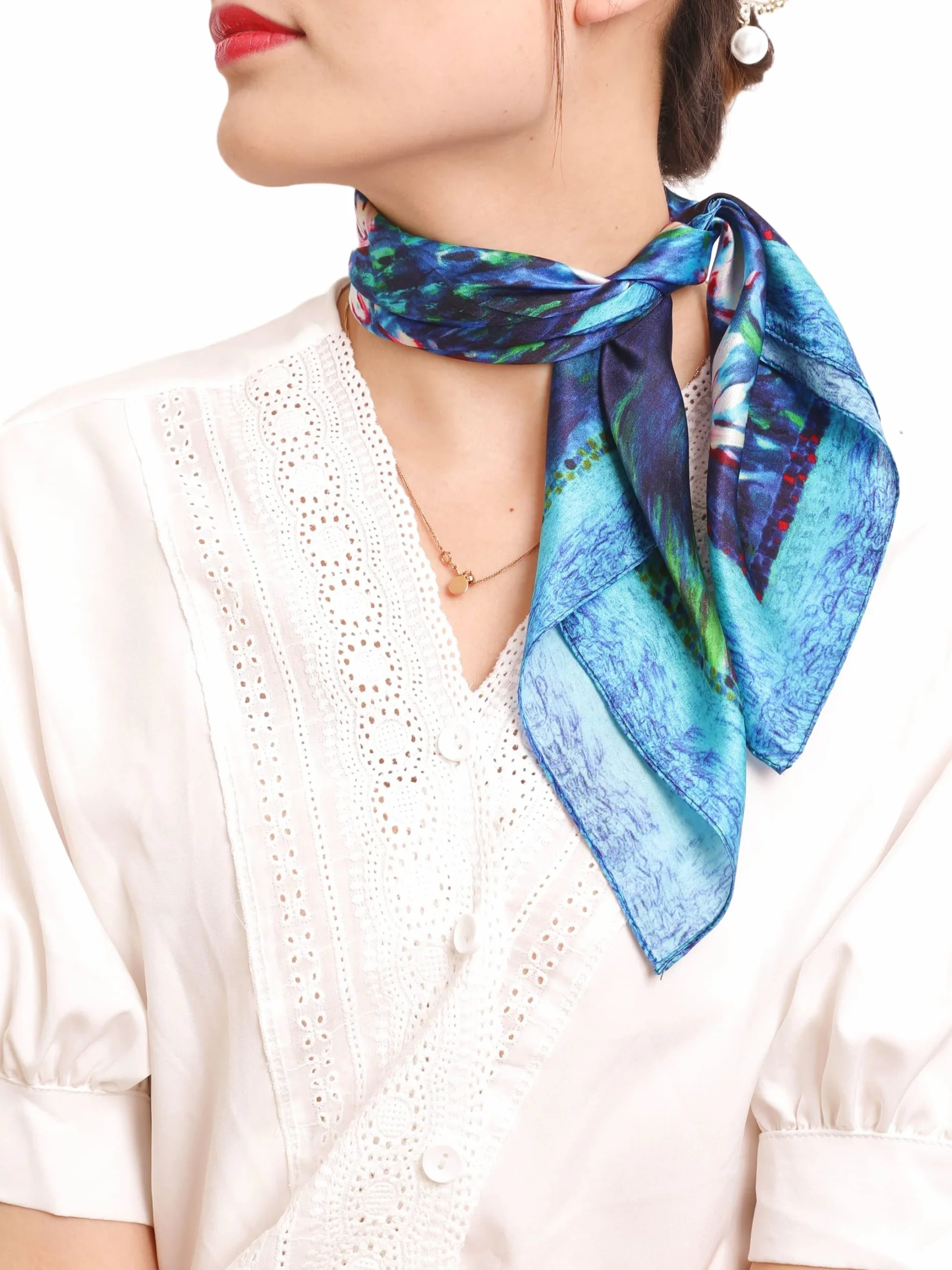 Damska lekka jedwabna chusta na szyję, bandana, malarstwo, druk artystyczny
