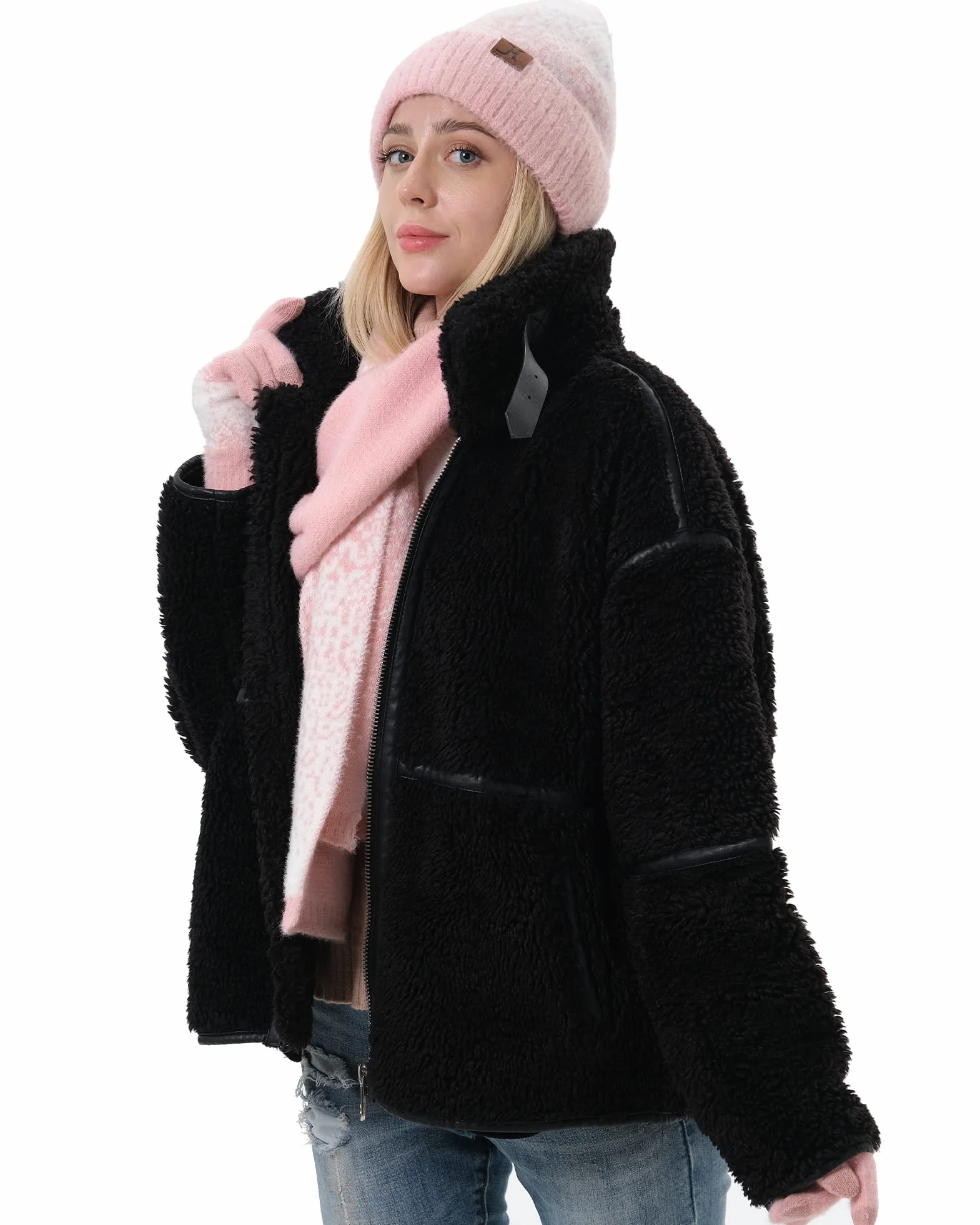 Czapka beanie zimowa damska, rękawiczki i szalik z podszewką polarową, różowo-biały, jeden rozmiar