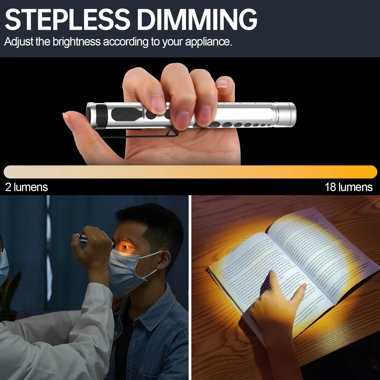 Lampa diagnostyczna, ładowalna lampa źrenicy LED, kabel USB, ciepła / zimna biel i bezstopniowe ściemnianie, przenośna, aluminiowa, medyczna lampa źrenicy z klipsem (sliber)