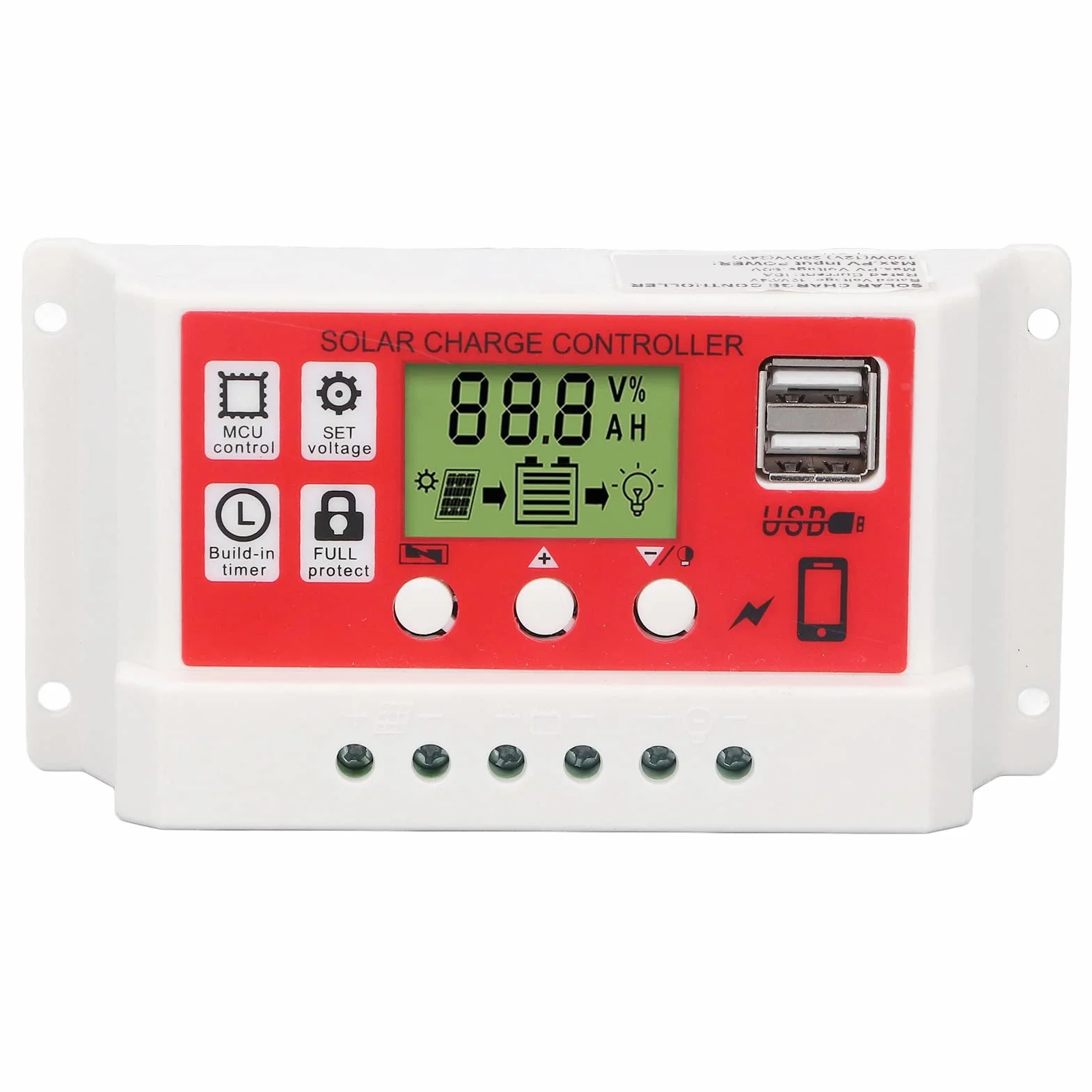 Podwójny Regulator ładowania Słonecznego USB, Inteligentny Regulator 30A z Wyświetlaczem LCD do Baterii Panelu Słonecznego, Regulowany (10A)