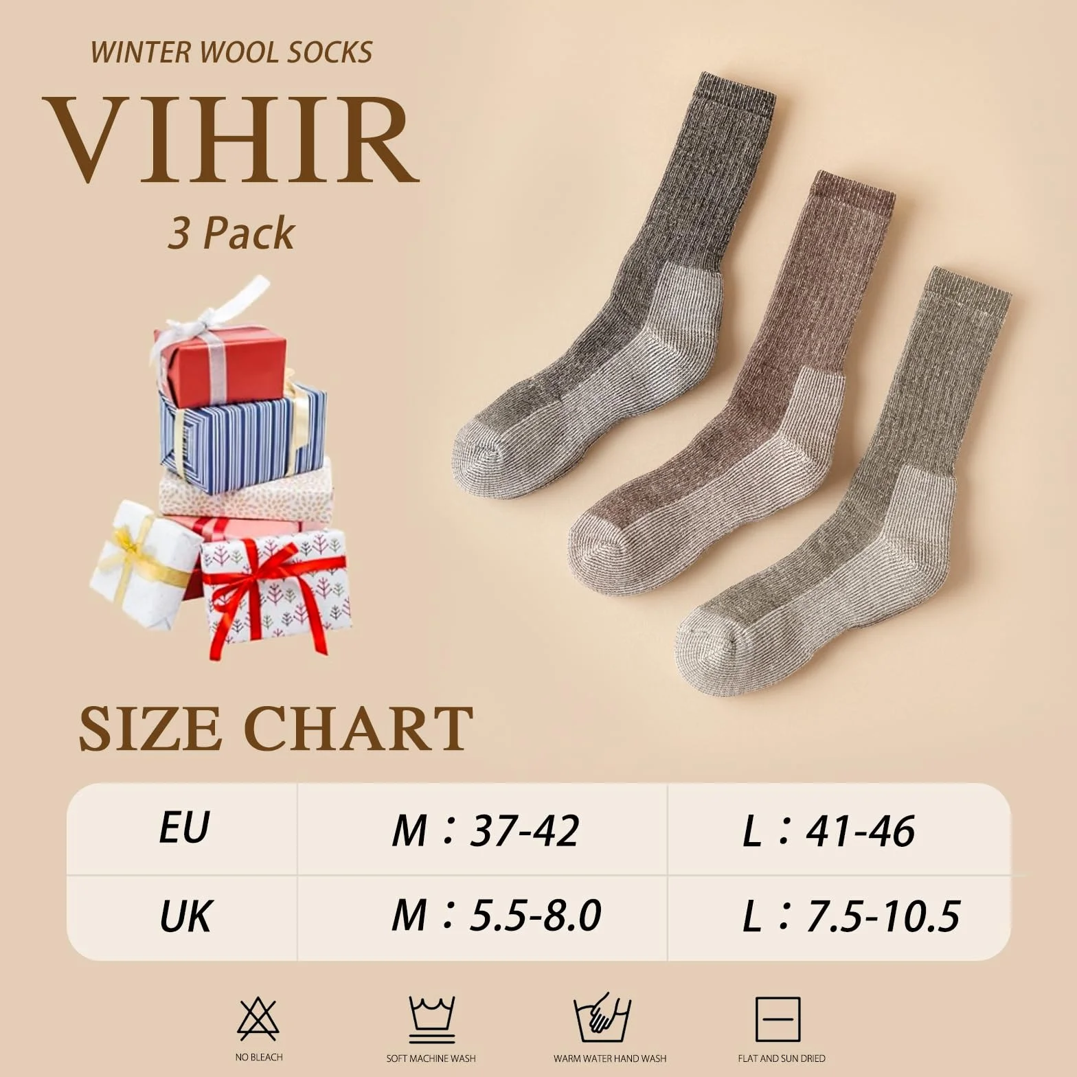 Vihir 3 pary skarpetek męskich z wełny merynosowej - Długie rurki sportowe z wełny merynosowej do narciarstwa, trekkingu, wędrówek 37-42, 41-46