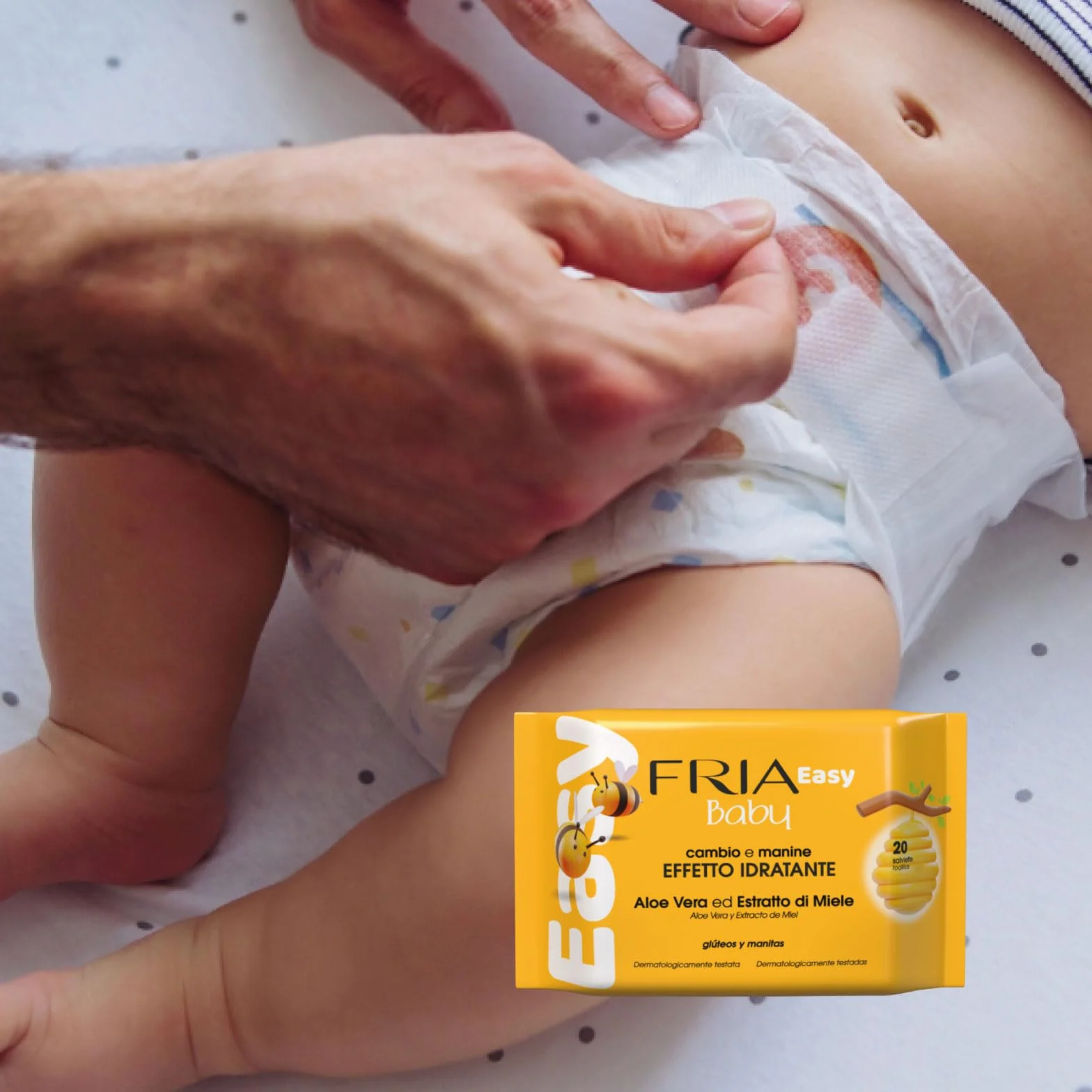 Fria Łatwe chusteczki do zmiany pieluch dla niemowląt, z aloesem i ekstraktem z miodu o działaniu nawilżającym skórę, testowane dermatologicznie, opakowanie 20 chusteczek