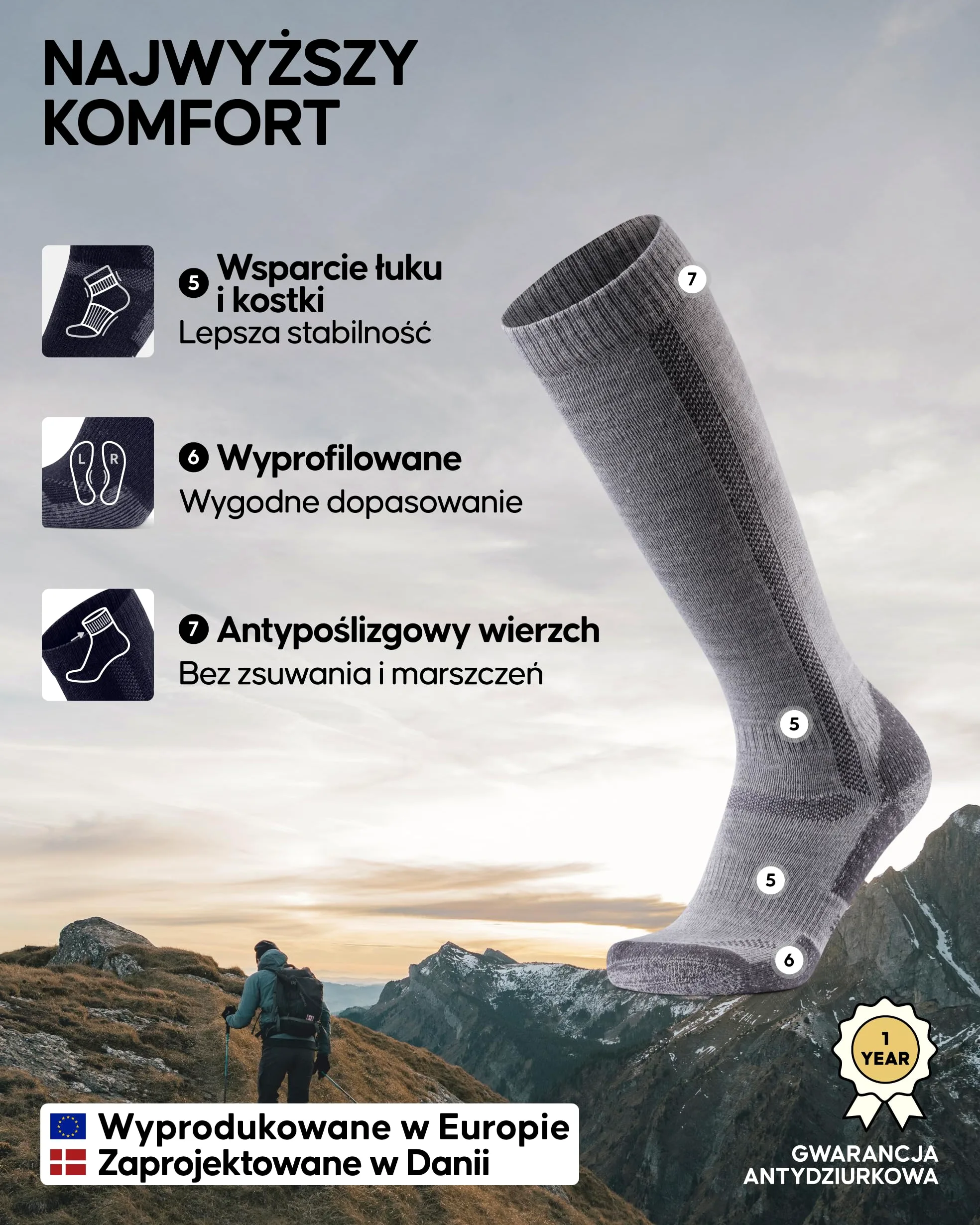 DANISH ENDURANCE Wysokie Skarpety Trekkingowe z Wełny Merino, Do Kolana, Amortyzowane, Męskie i Damskie, 1-Pak lub 3-Pak