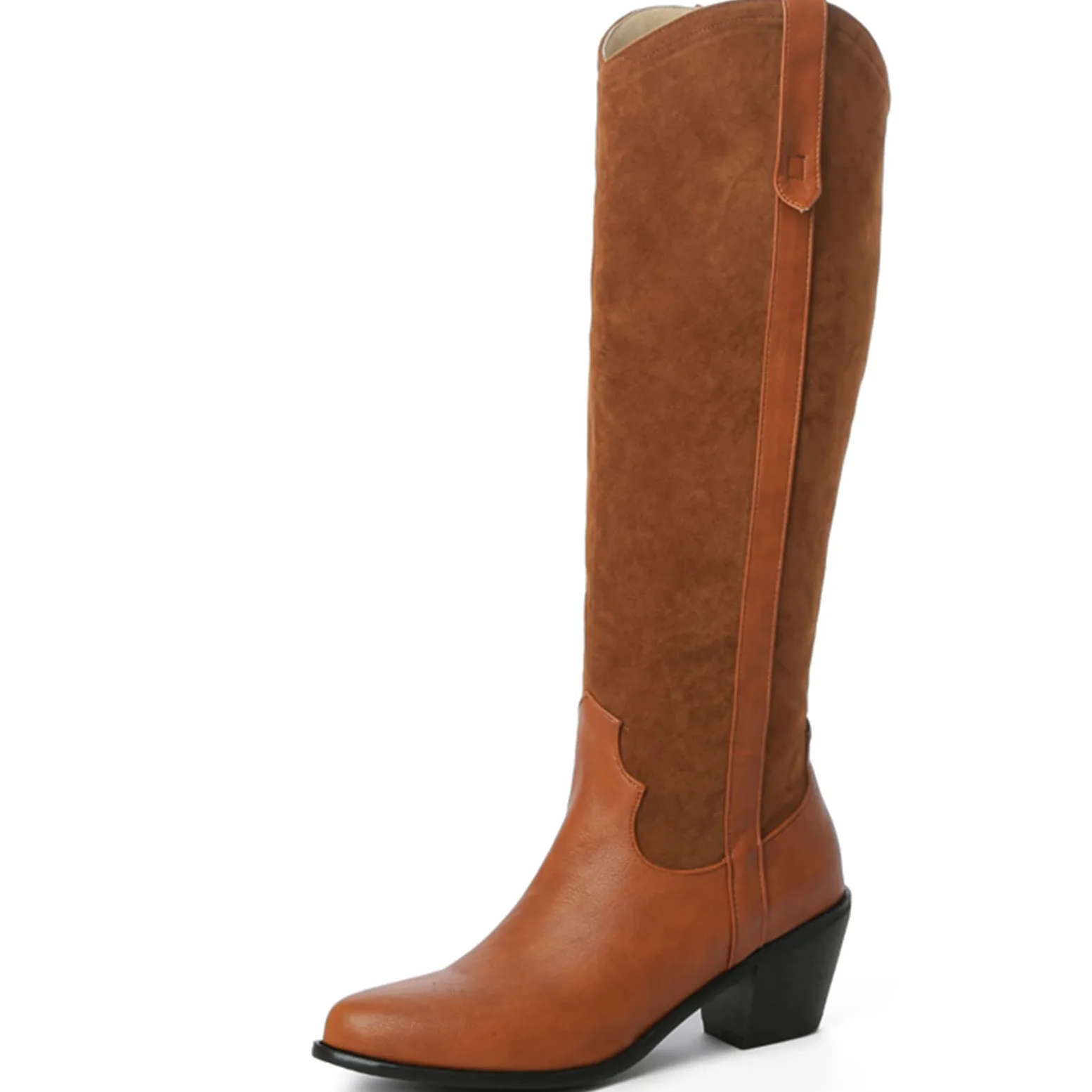 CUTEHEELS Damskie buty typu casual Slip-on Western do kolan wysokie buty z chunky obcasem i szpiczastym noskiem, żółty1, 43 EU