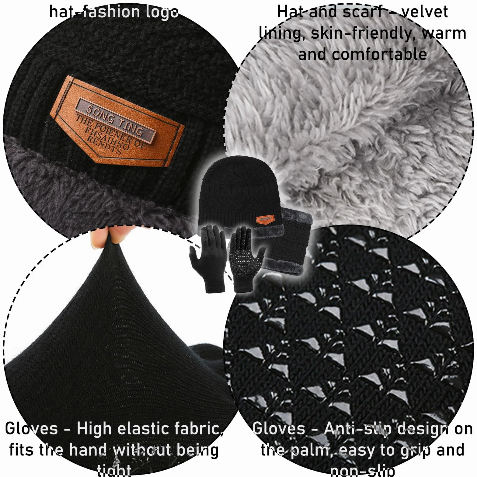 Czapka zimowa szalik rękawiczki 3 w 1 zestaw, dzianinowa czapka beanie, okrągły szalik, antypoślizgowa rękawica do ekranu dotykowego