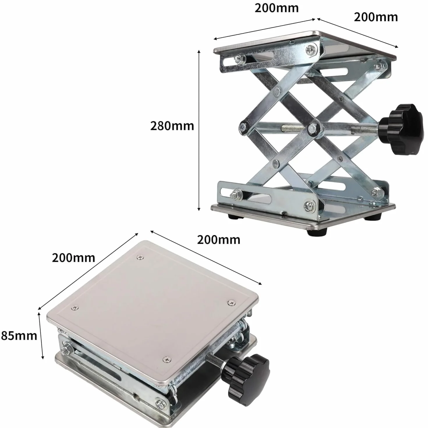 aleawol Ulepszony podnośnik laboratoryjny, 200 x 200 mm, stal nierdzewna, podnośnik nożycowy, platforma podnosząca, stół podnoszący, podnośnik nożycowy, zakres wysokości od 85 mm do 280 mm, nośność 15