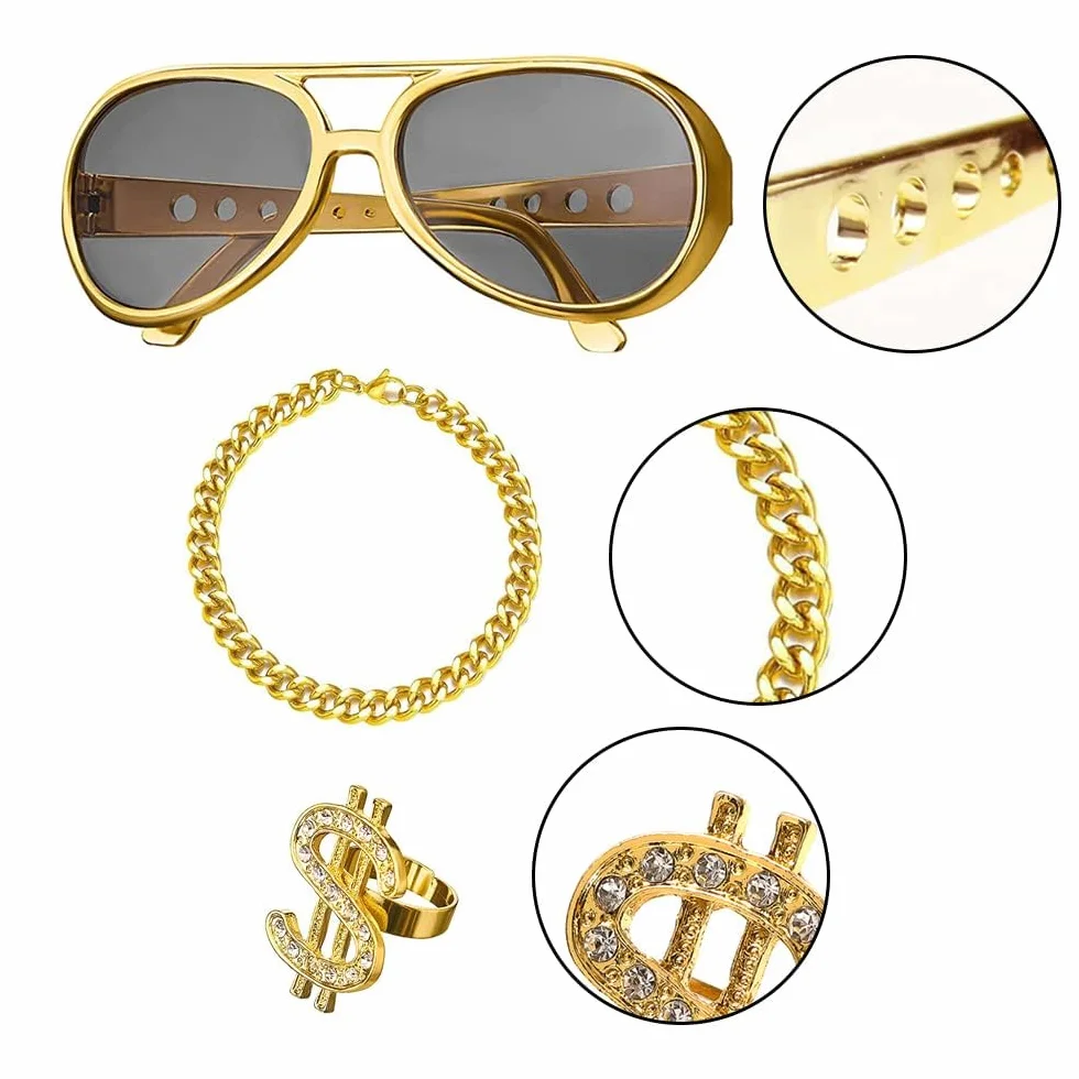 Zestaw kostiumowy hip-hopowy w stylu lat 80., złoty dolar, łańcuszek i złota bransoletka, pierścień, okulary, osobowość, hip-hop, kostium dla mężczyzn, lat 80-tych, 90., kostium rapera, na