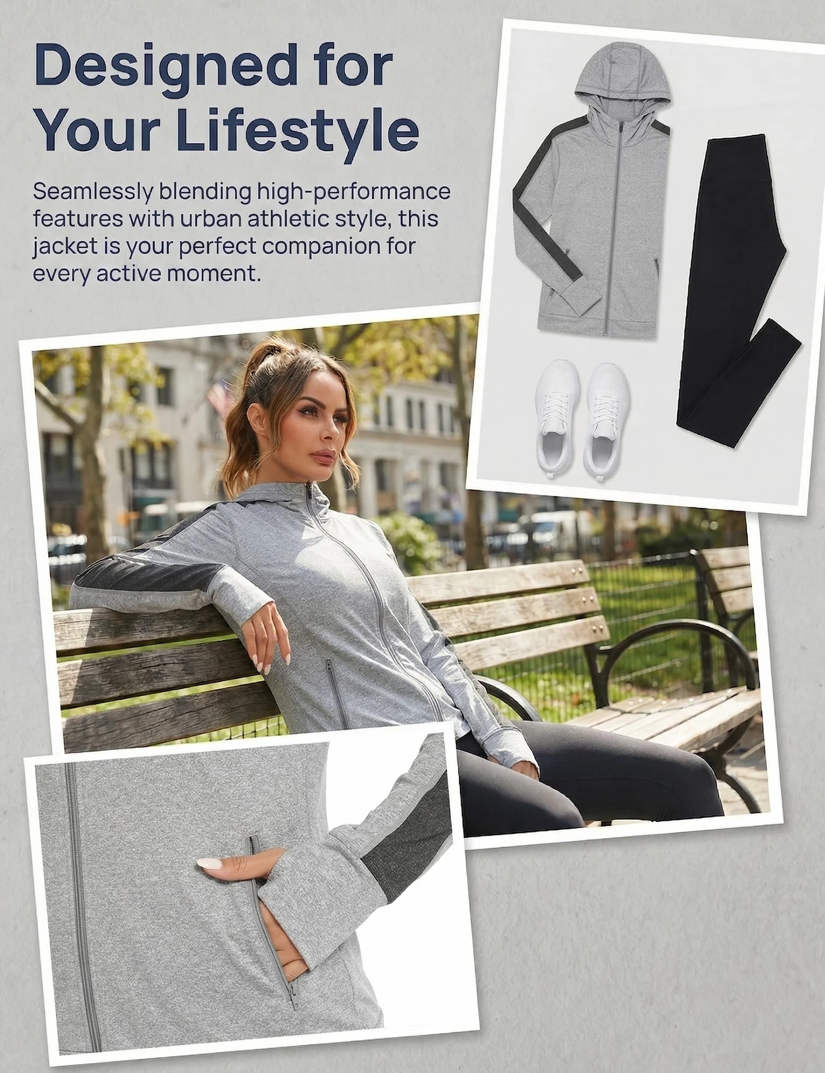 Damska kurtka do biegania, sportowa kurtka z długim rękawem, kurtka treningowa, bluza z kapturem, oddychająca, z otworem na kciuk i kieszenią, do biegania, jogi, fitnessu, szary, M