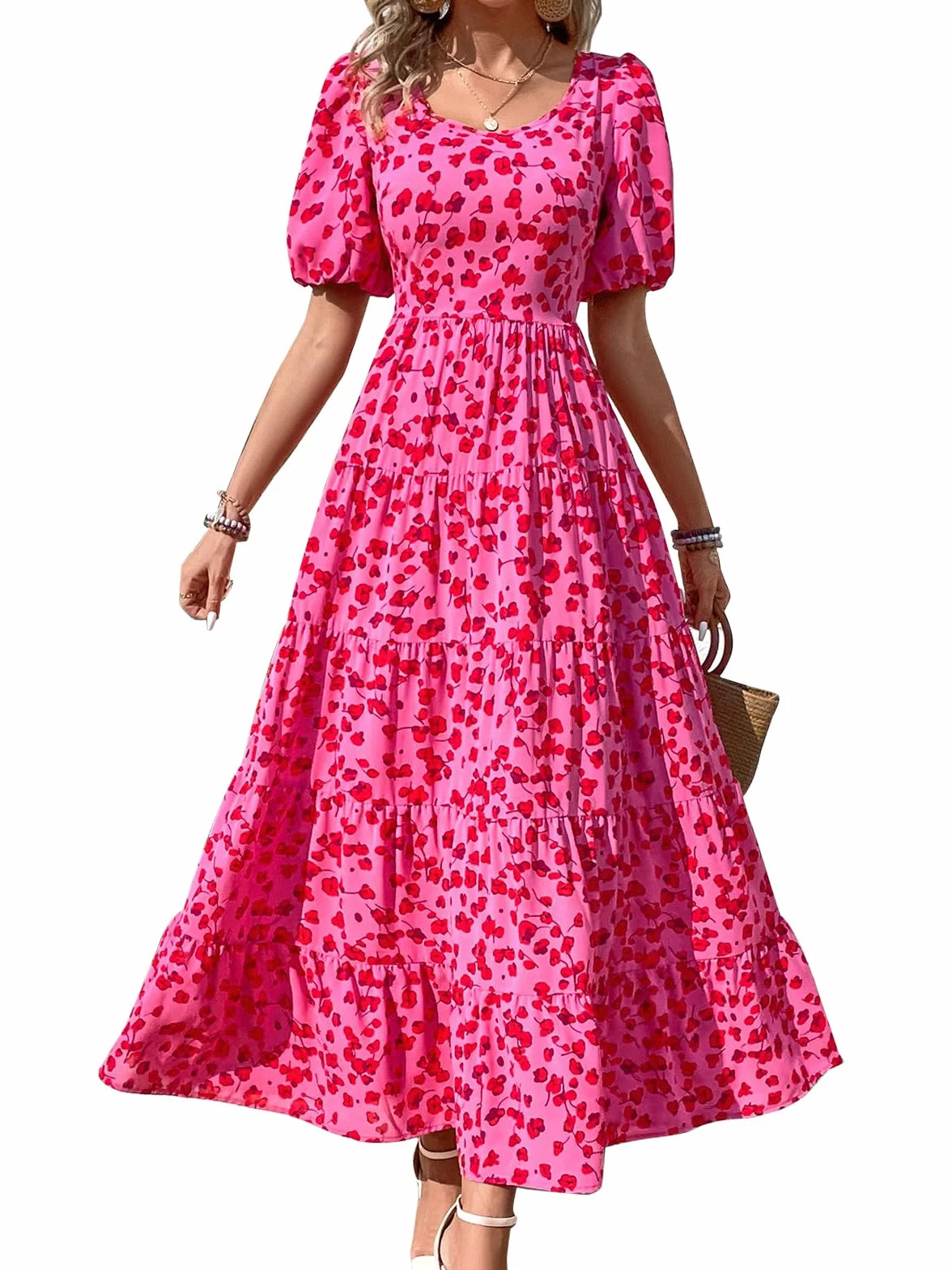 PRETTYGARDEN Womens Dresses Summer 2025 Puff Sleeve Plus Size Maxi Dress for Women Beach Vacation Flowy Long Sun Dress (Floral Rose Red,X-Large)