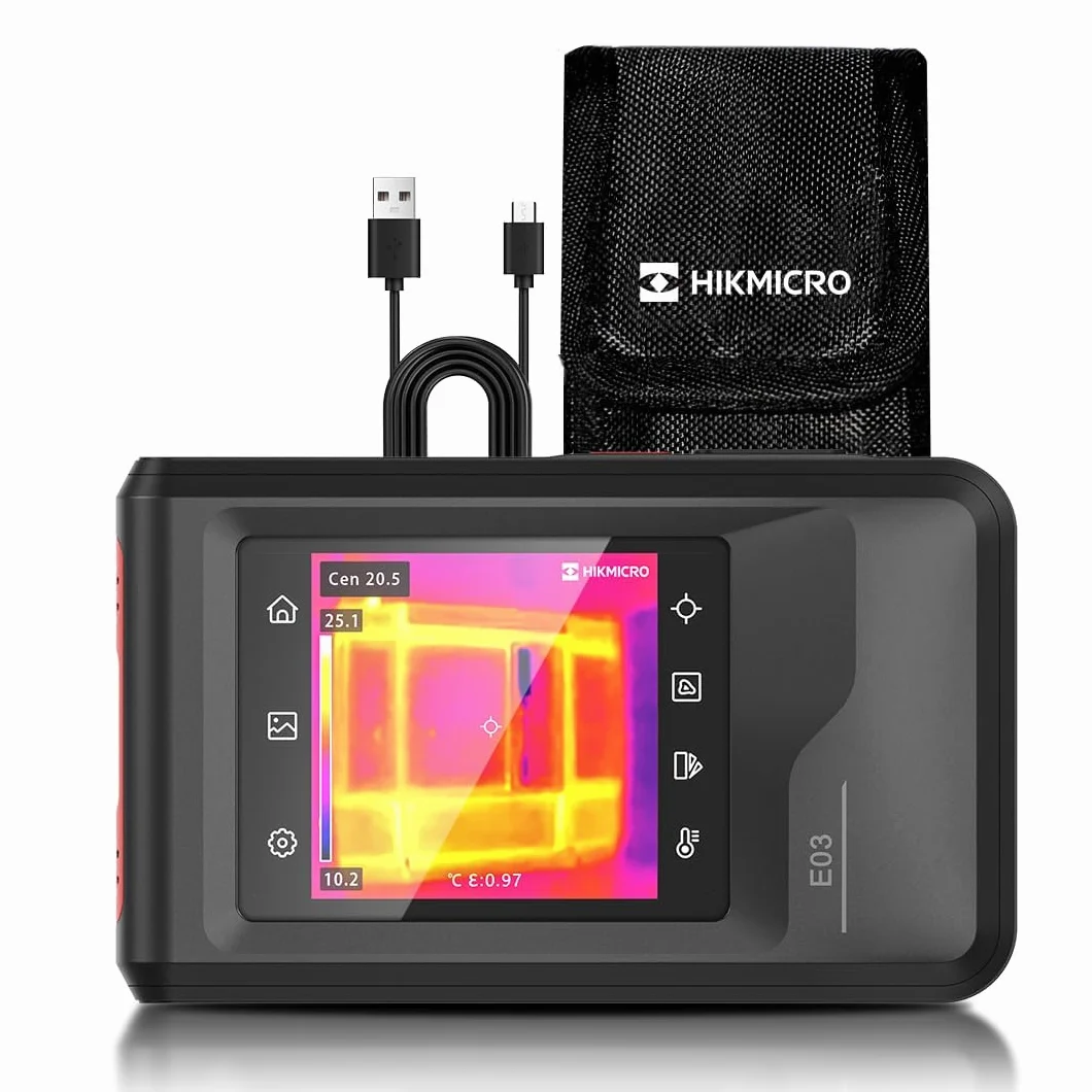 HIKMICRO E03 kieszonkowa kamera termowizyjna o rozdzielczości 240 x 240 SuperIR z kamerą wizualną, rozdzielczością IR 96 x 96/9216 pikseli, 25 Hz, ekranem dotykowym 3,5 cala, IP54, od -20°C do 350°C