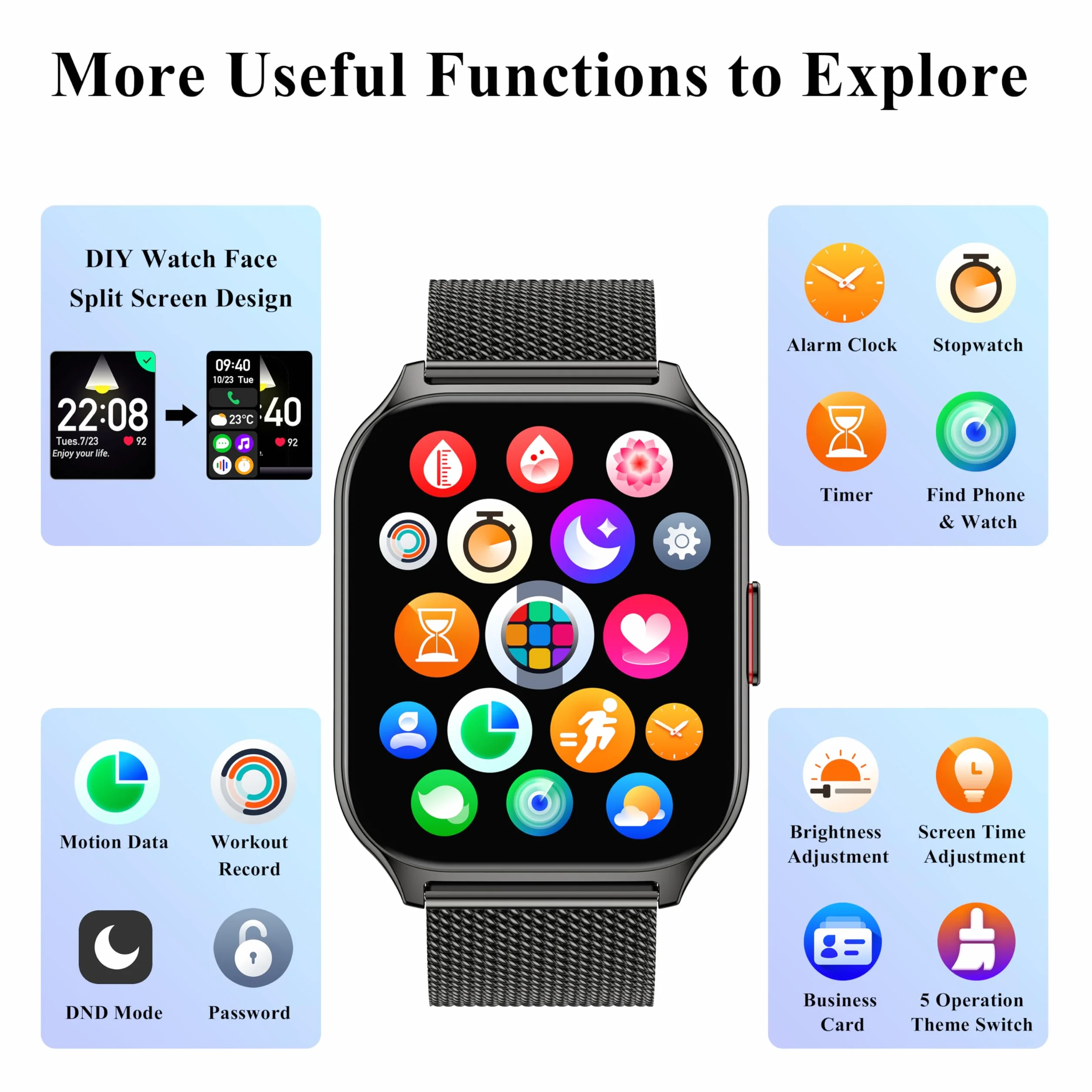 Popglory Inteligentny zegarek dla mężczyzn i kobiet z połączeniem Bluetooth, 2,01'' sportowy Smartwatch, pulsometr, ciśnienie krwi, SpO2, krokomierz, sen, inteligentny zegarek dla systemu Android iOS