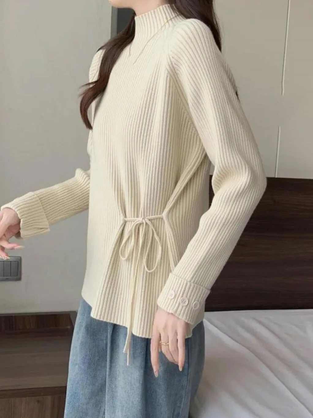 Sweter Damski Z Dzianiny, Z Półwysokim Dekoltem, Sznurowany, Z Długim Rękawem, Luźny, Swobodny, W Stylu Koreańskim-Black-Medium
