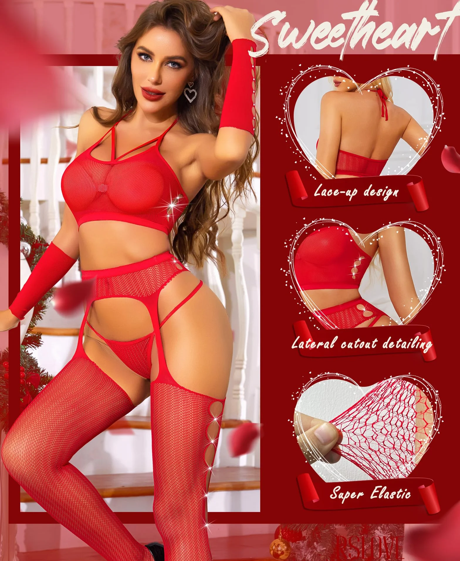 RSLOVE Seksowna bielizna kabaretki bodystocking 4-częściowy zestaw bielizny z rękawiczkami i rajstopami
