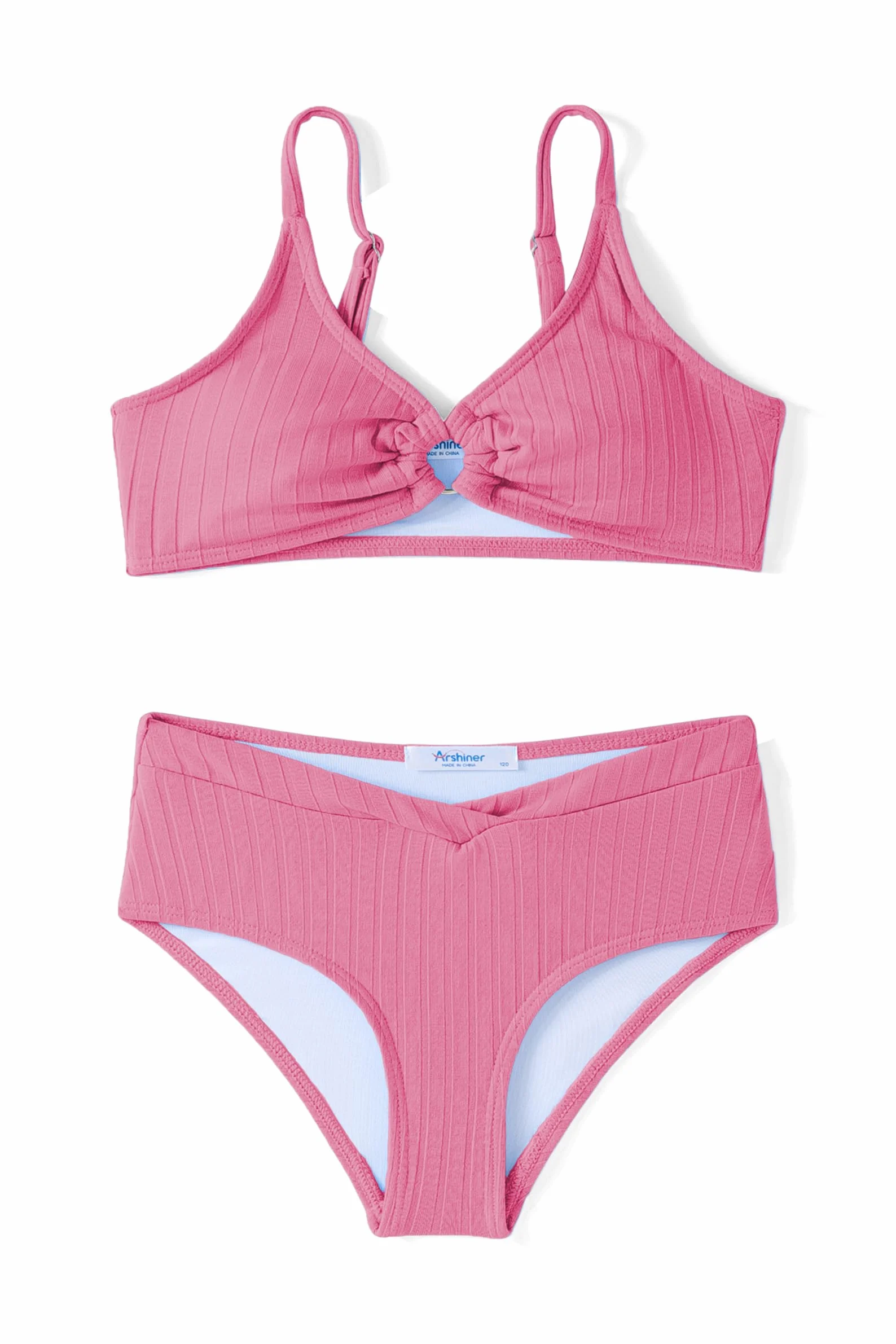 Arshiner Dziewczęcy zestaw bikini żebrowane dla dziewczynek, dwuczęściowy strój kąpielowy, lato, czysty kolor, gorset i bikini, majtki tankini, zestaw dla dziewczynek, 7-15 lat