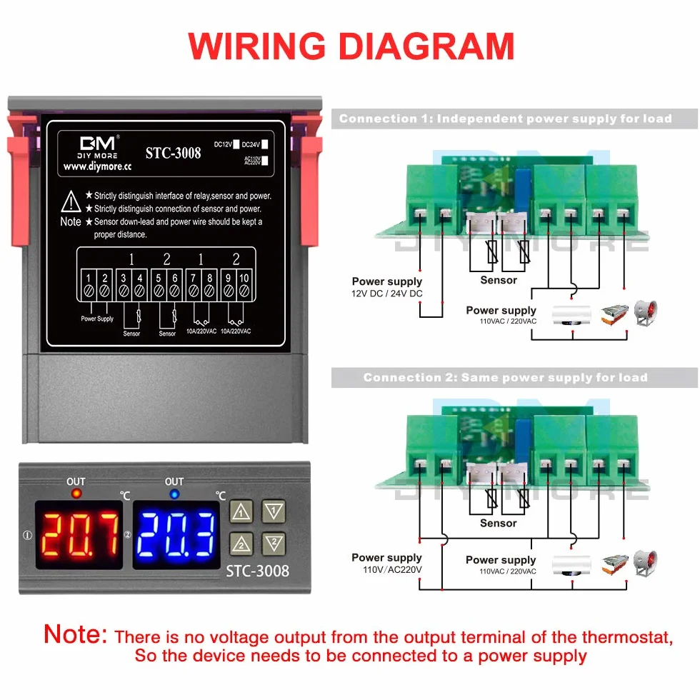 diymore STC-3008 regulator temperatury termostatu, cyfrowy, z podwójnym czujnikiem NTC, z sondą, do urządzeń grzewczych i chłodzących