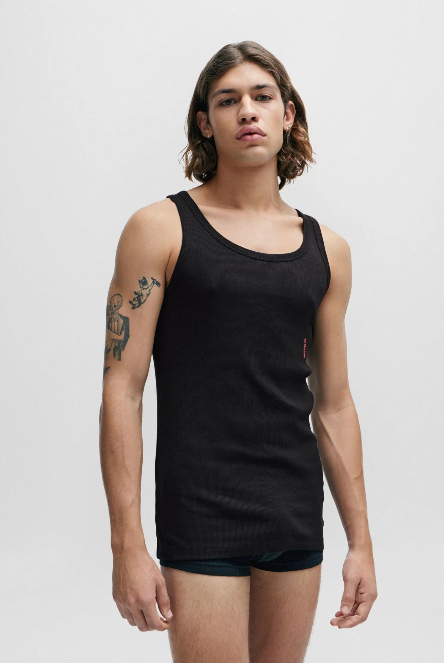 HUGO Męski tank top dwupak rozciągliwej bawełny bielizna kamizelki z logo czarny XXL