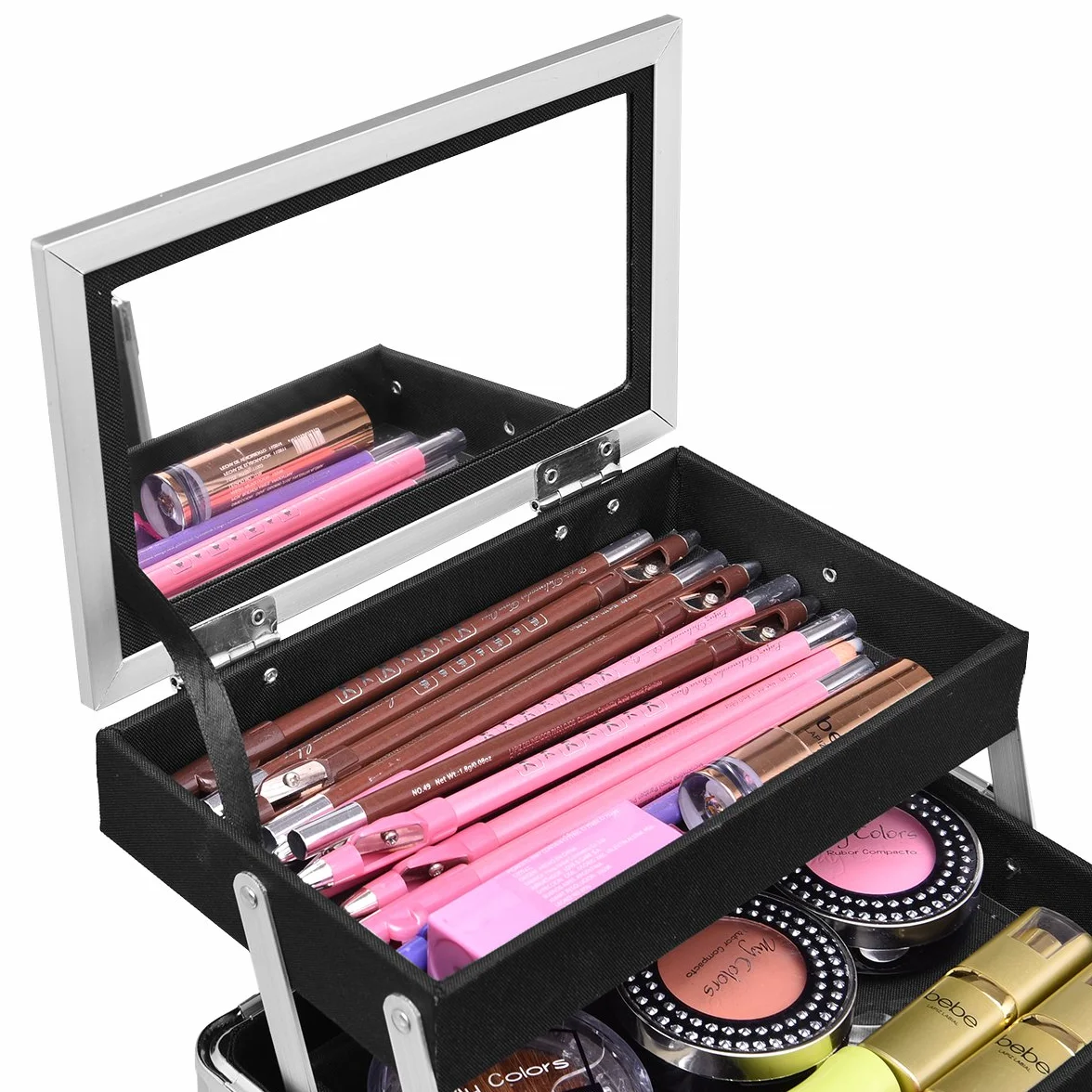 COSTWAY kuferek kosmetyczny Beauty Case z lustrem, srebro, 23 x 15 x 18cm