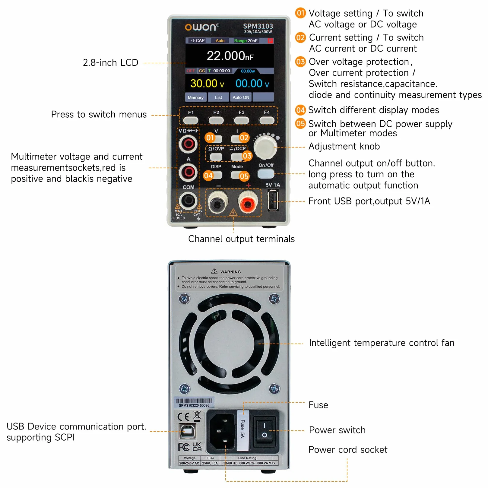 OWON SPM6103 Zasilacz laboratoryjny DC 300W 0-60V 0-10A 2 w 1 z multimetrem 2,8 cala LCD 4 1/2