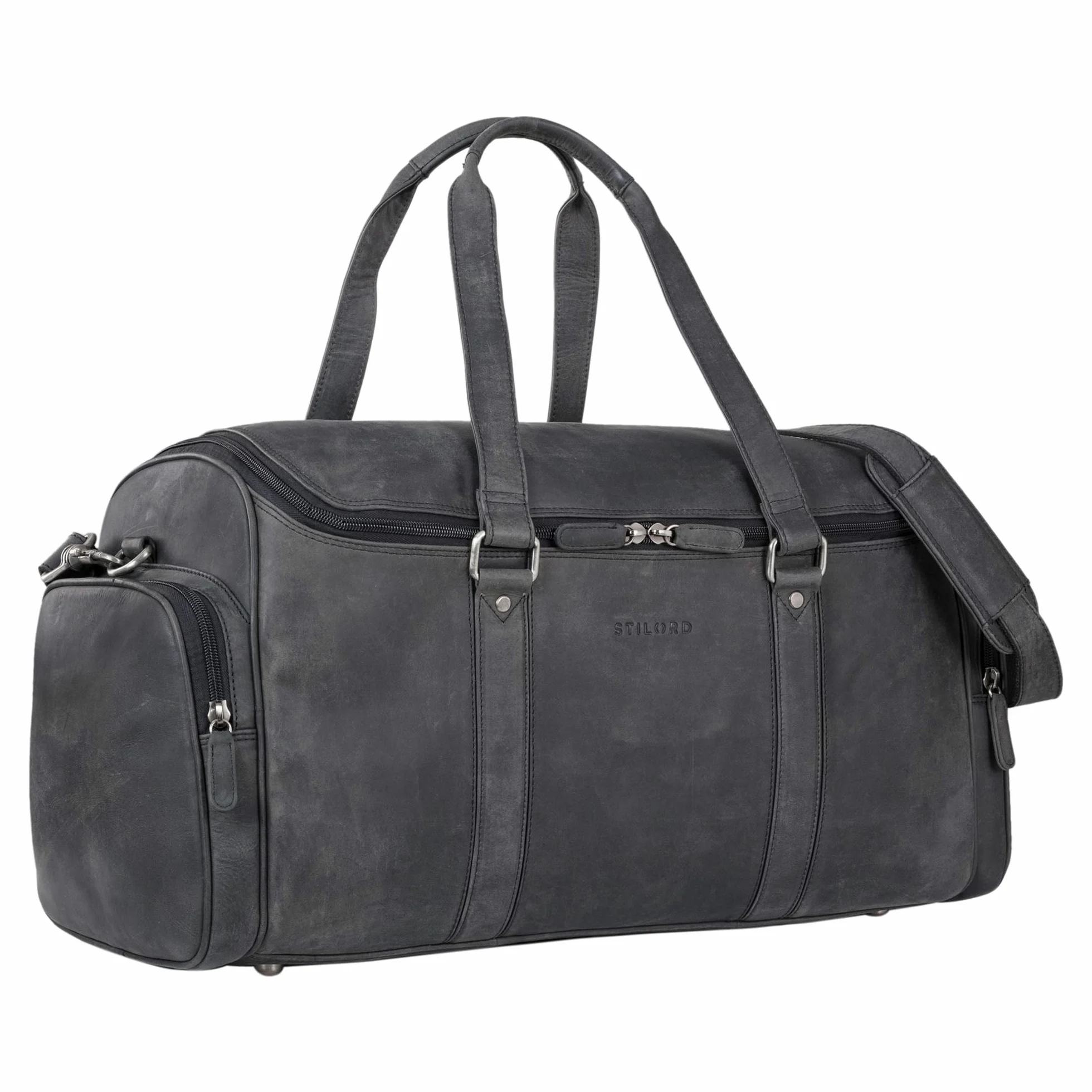 STILORD "Myles" Vintage Travel Bag Men's Leather Weekender to wear Overnight Duffle Bag Large Luggage XL genuine cowhide Kolor:carbon - szary