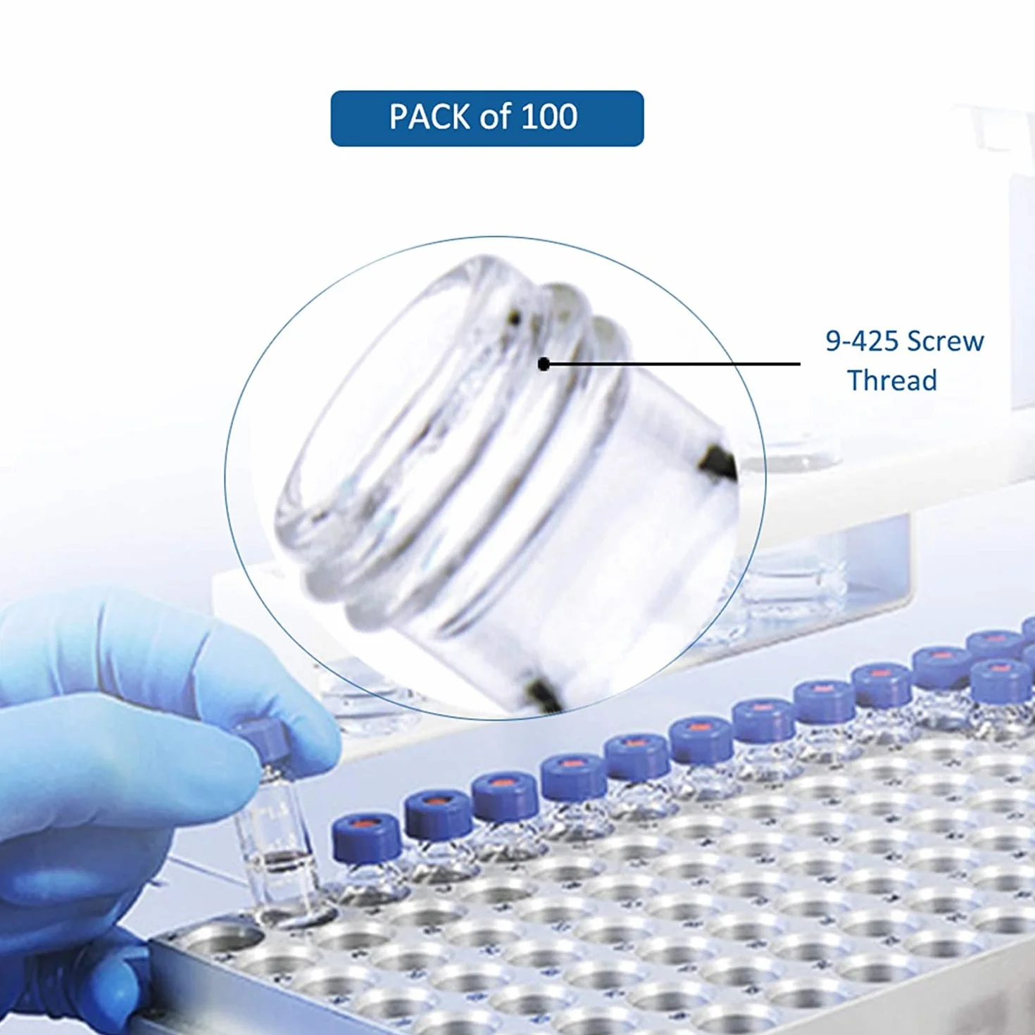 ALWSCI 2 ml HPLC szklane buteleczki, przezroczyste buteleczki laboratoryjne, 9-425 przezroczystych buteleczek, niebieska zakrętka, czerwony PTFE i biały silikon Septa, 100 sztuk