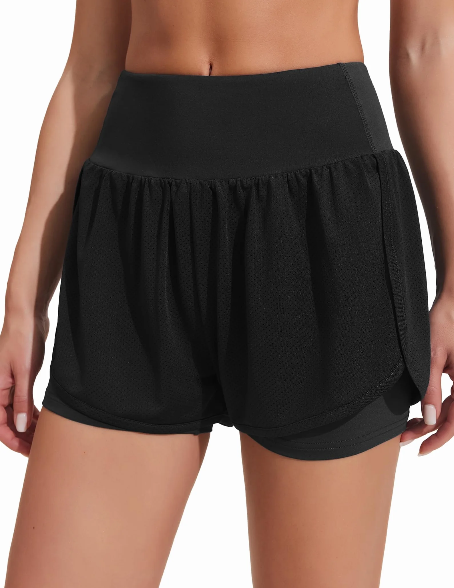 PINSPARK Damskie krótkie spodenki do biegania z wysokim stanem, spodenki sportowe 2 w 1, z kieszenią, szybkoschnące, do biegania, fitnessu, jogi, joggingu, spodnie treningowe