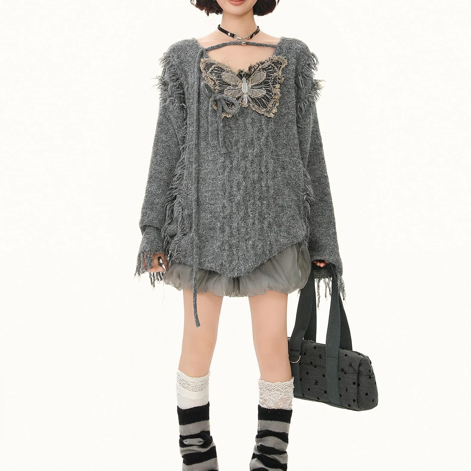 Damski sweter oversize z dzianiny z motywem motyla, postrzępione brzegi, frędzle, top Y2K w stylu punk
