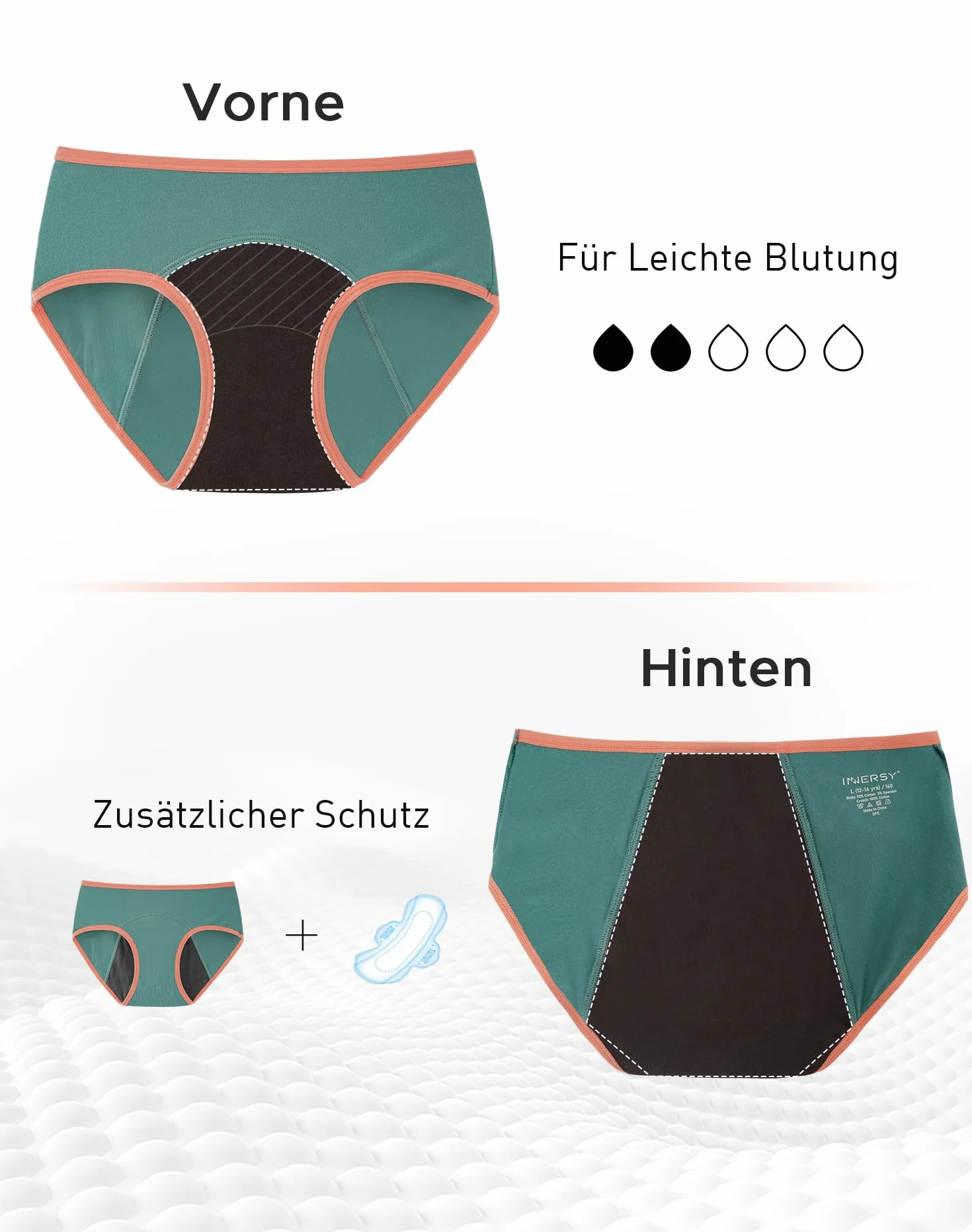 INNERSY Bielizna dla dziewcząt od Period, bielizna bawełniana, majtki z zabezpieczeniem przed wyciekiem, zestaw 3 szt, Czarny / zielony / różowy, 16 Lata