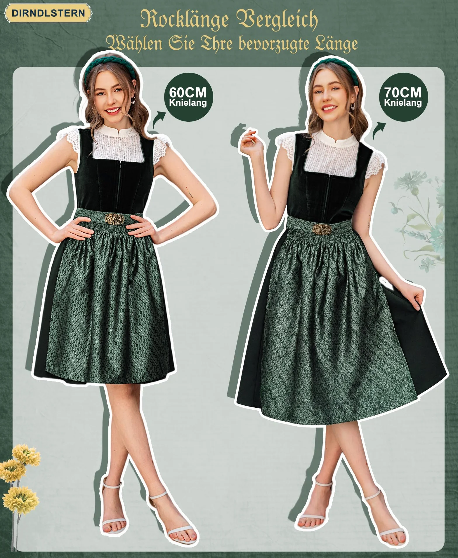 DirndlStern Dirndl damski zielony sukienka ludowa aksamit bawarska midi z fartuchem Oktoberfest
