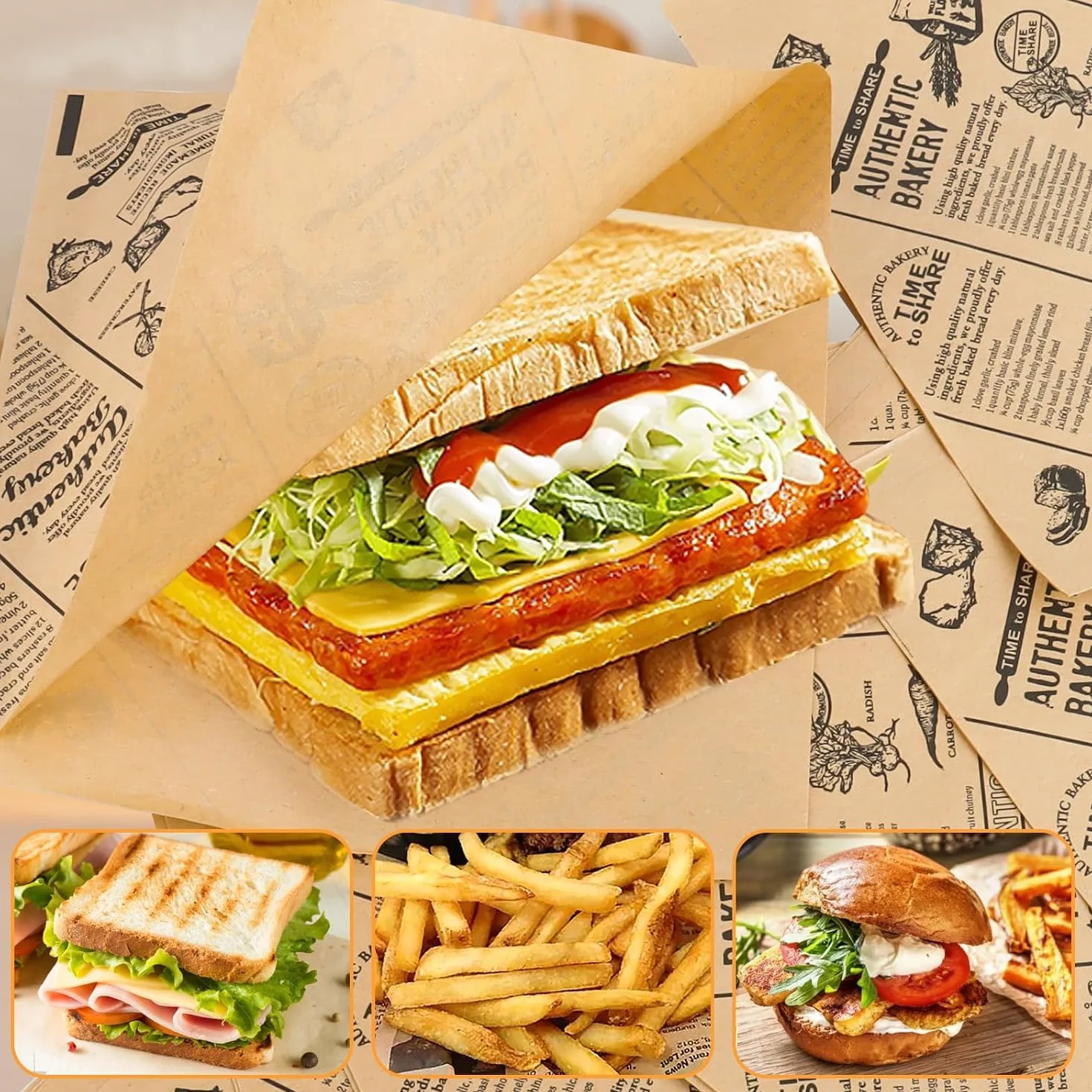 200 sztuk papieru do burgerów, do hamburgerów, kanapek, wrapów i frytek, odporne na tłuszcz, papier spożywczy na przekąski, piknik, imprezę i do gastronomii (15 x 15 cm)