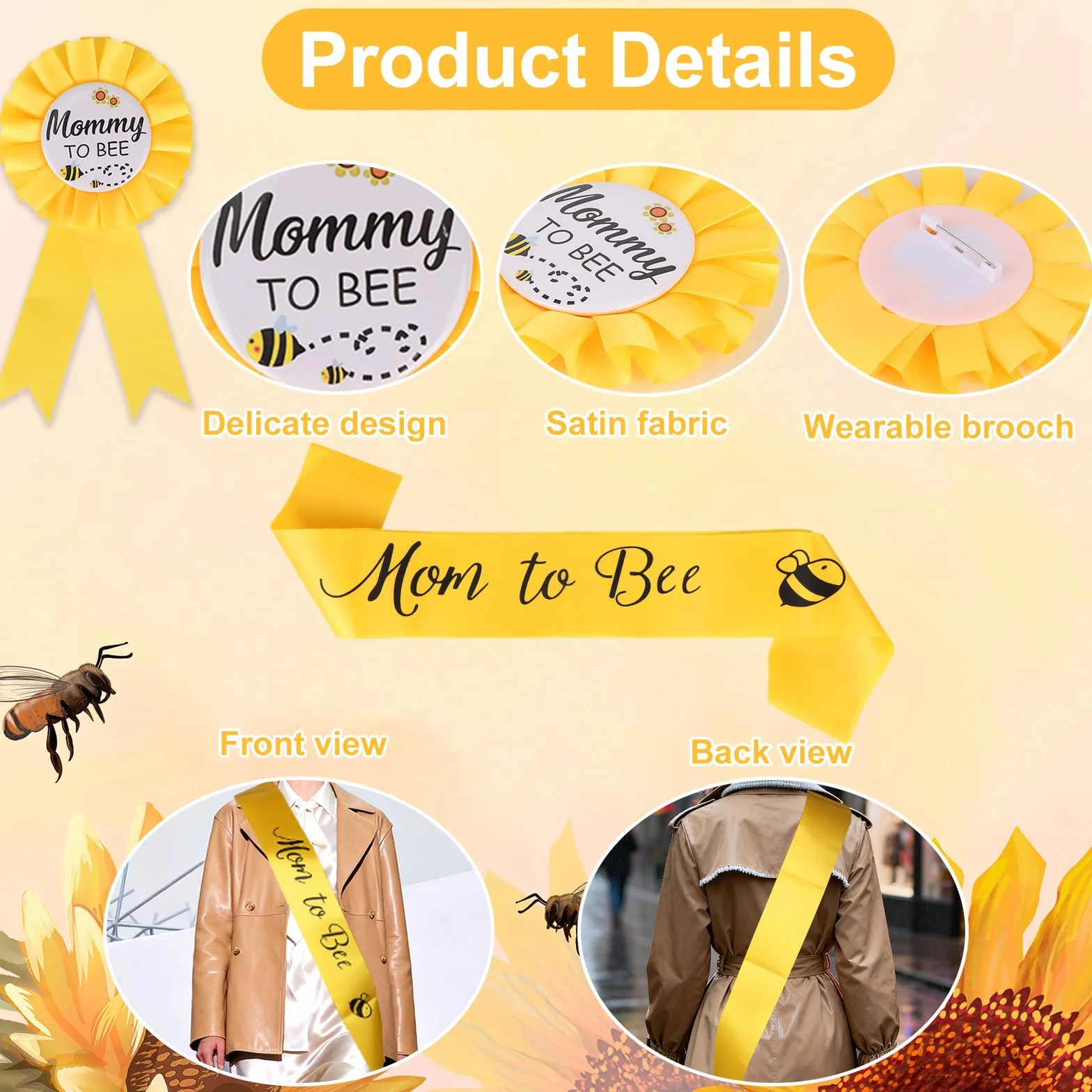 Dekoracje na Baby Shower z Motywem Pszczółki, Zestaw Szarf dla Mamy i Taty Zestaw Żółtych Miodowych Dekoracji na Baby Shower z Motywem Ujawnienia Płci Dziecka