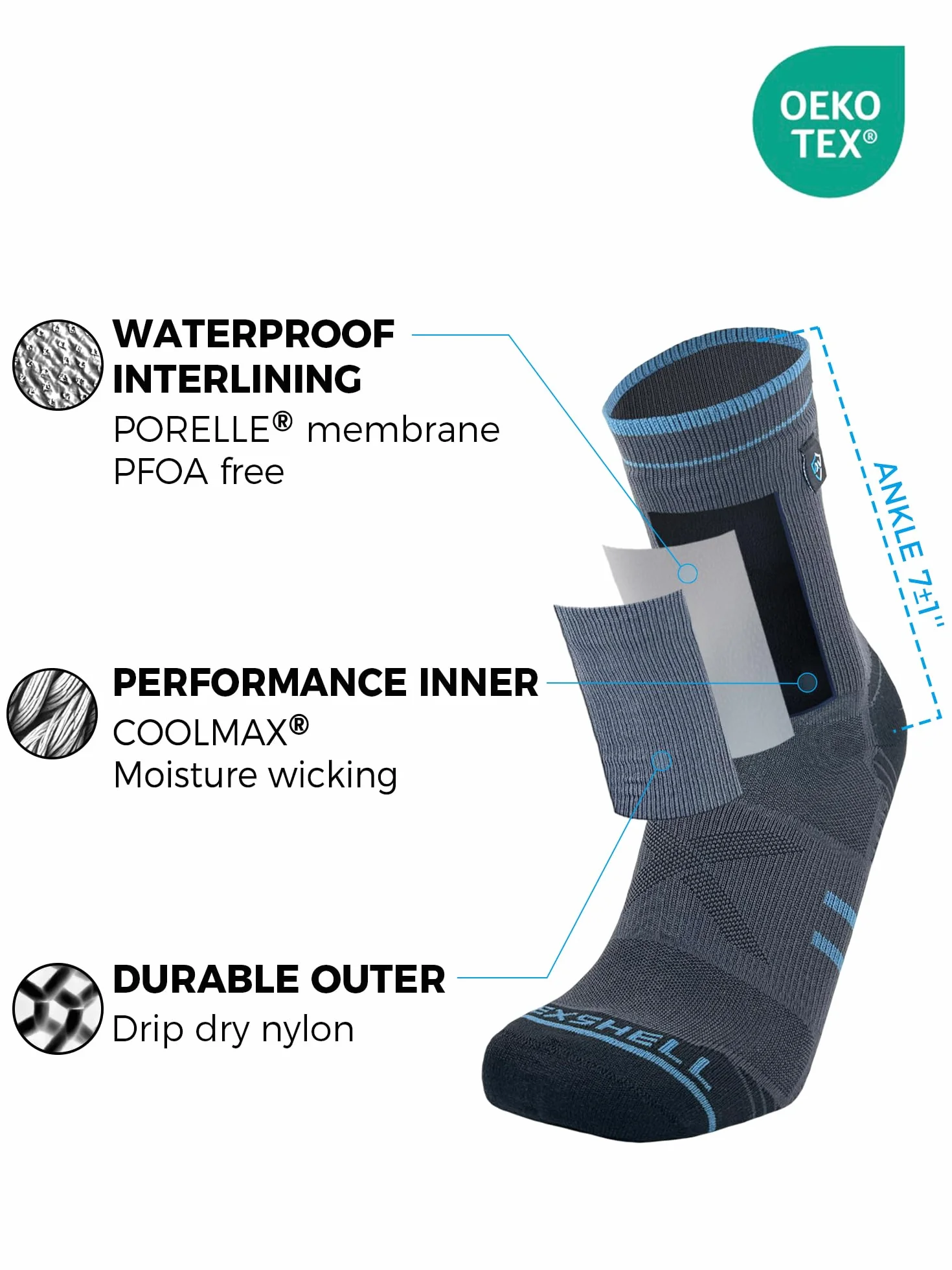 DexShell Wodoodporne skarpety do biegania w terenie Coolmax Inner Mudproof dla mężczyzn i kobiet kostki